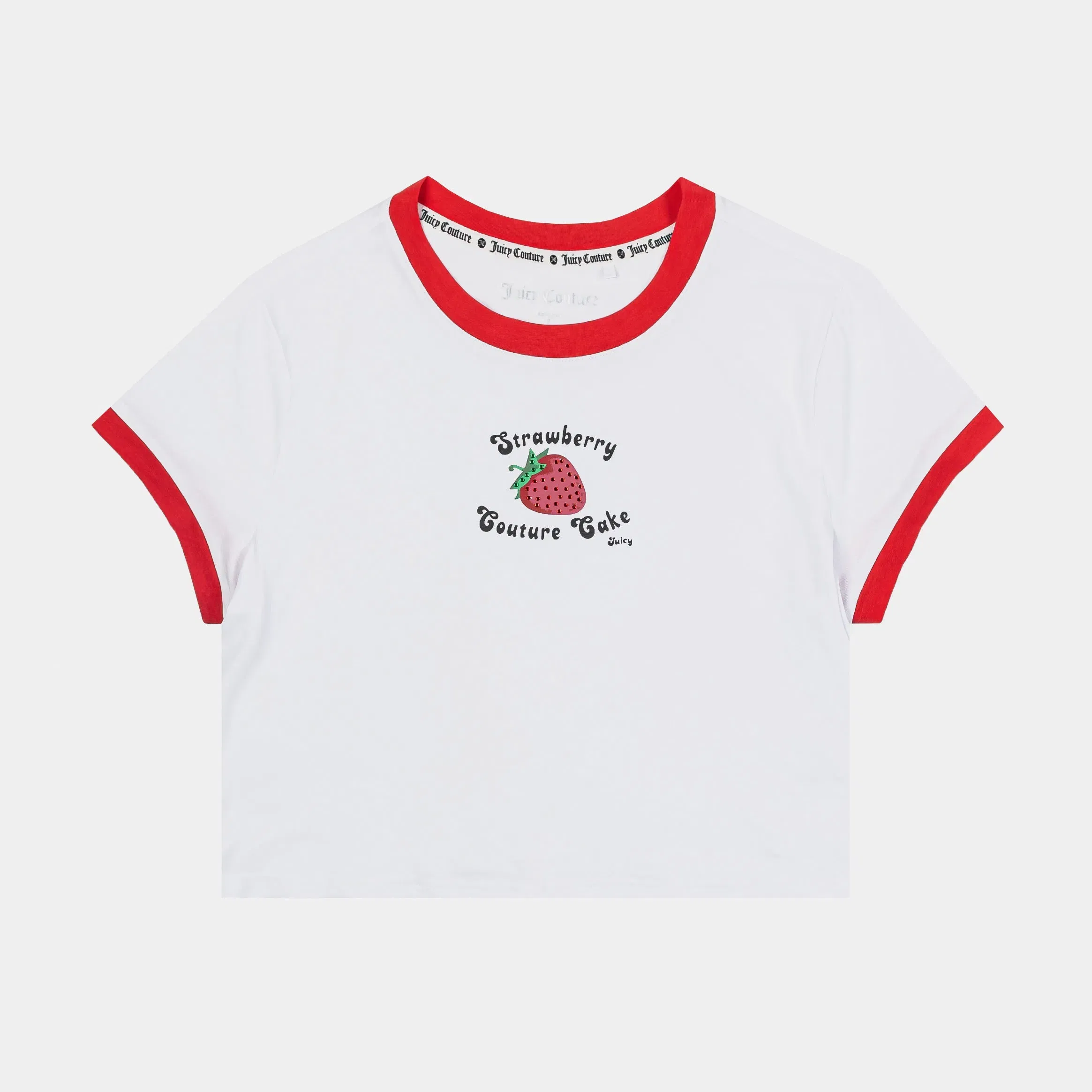 Juicy Couture Strawberry Ringer Baby Tee Womens Short Sleeve Shirt (White/Red)