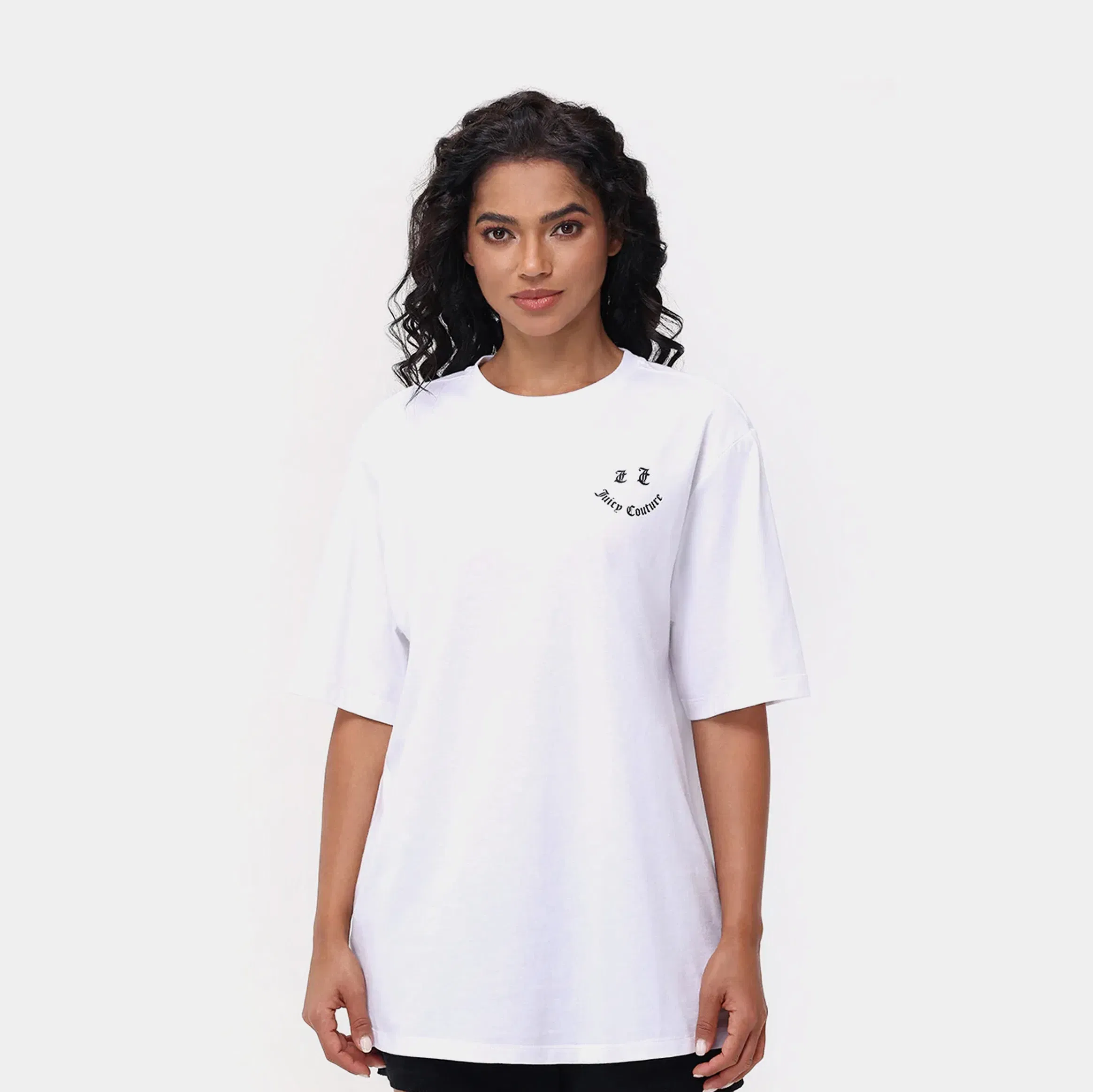 Juicy Couture Oversized Have A Juicy Day Graphic Womens Short Sleeve Shirt (White/Black)
