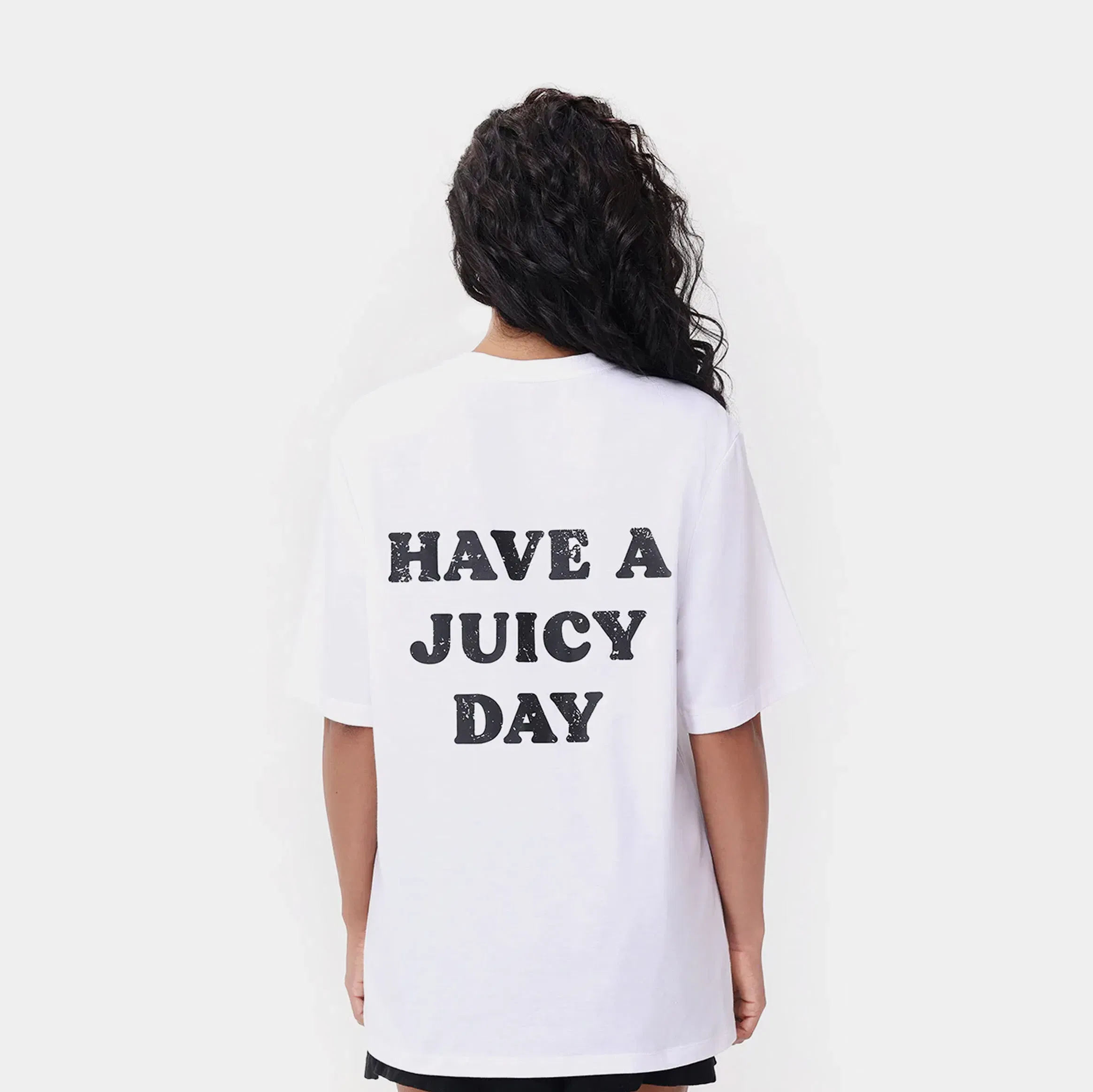 Juicy Couture Oversized Have A Juicy Day Graphic Womens Short Sleeve Shirt (White/Black)