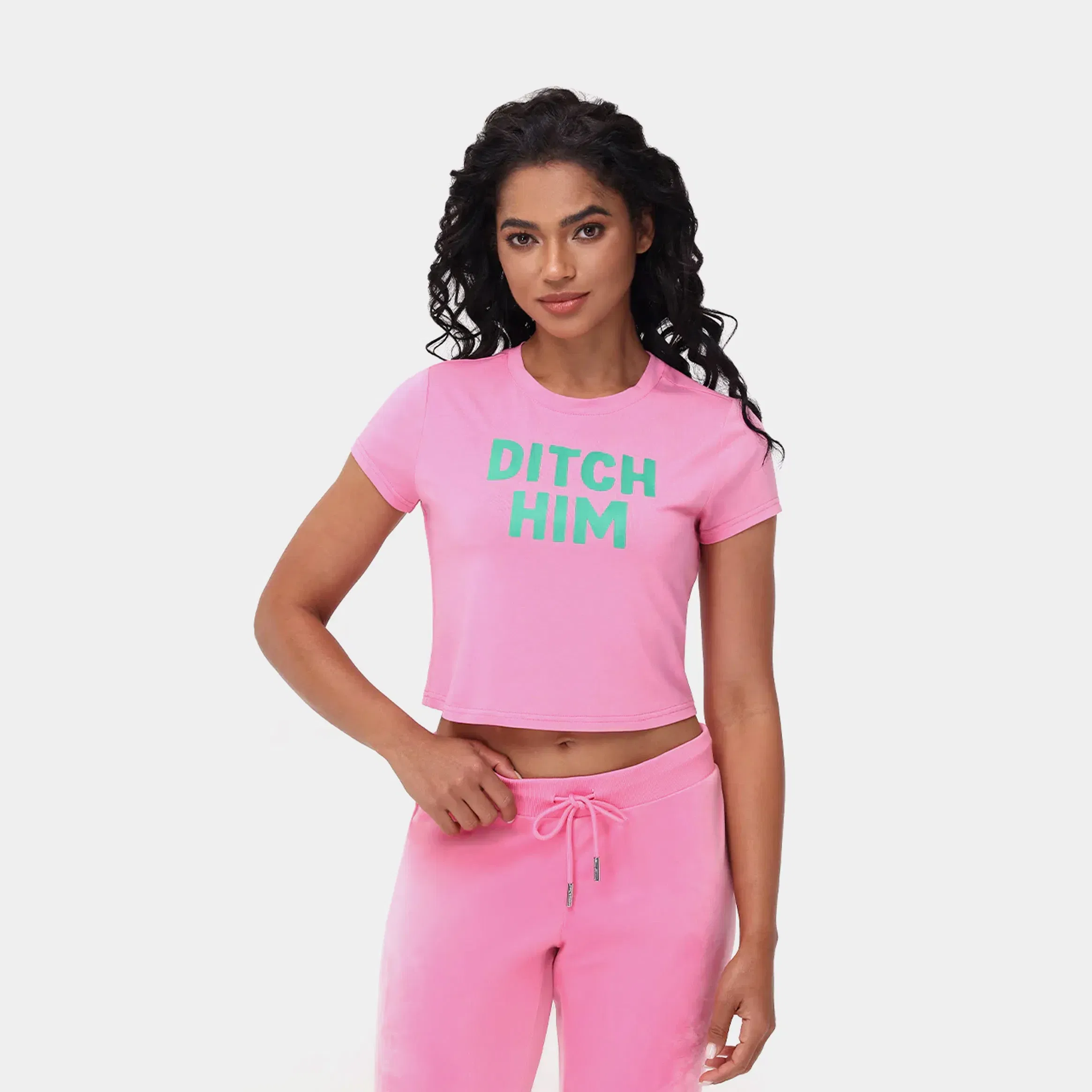 Juicy Couture Ditch Him Baby Tee Womens Short Sleeve Shirt (Pink/Green)