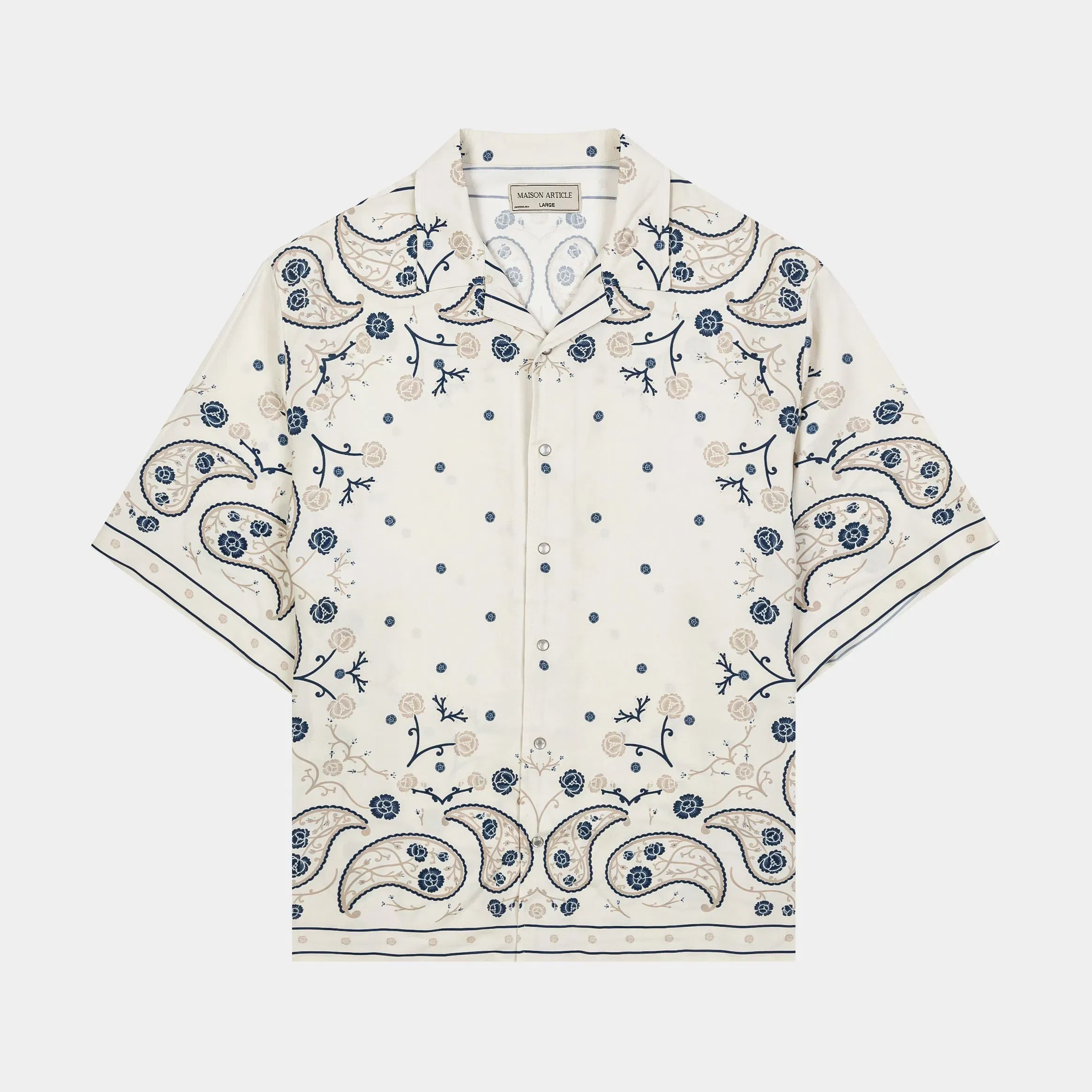 MAISON ARTICLE Rose Paisley Rayon Button Up Mens Short Sleeve Shirt (Beige/Navy)