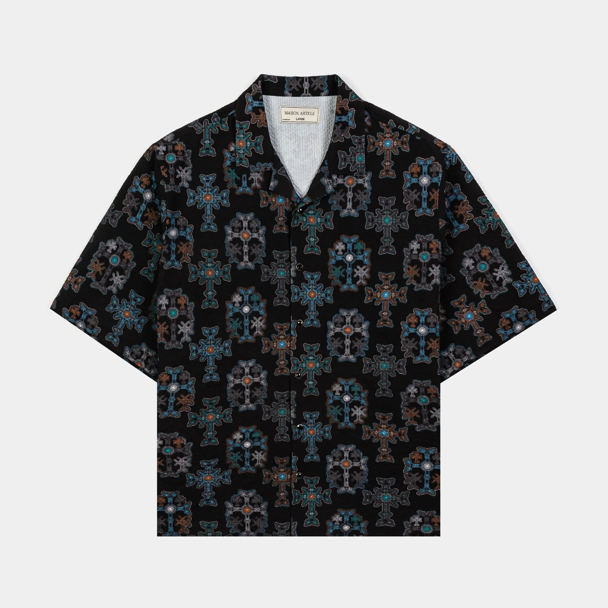 MAISON ARTICLE The Cross Seersucker Button Up Mens Short Sleeve Shirt (Black/Blue)