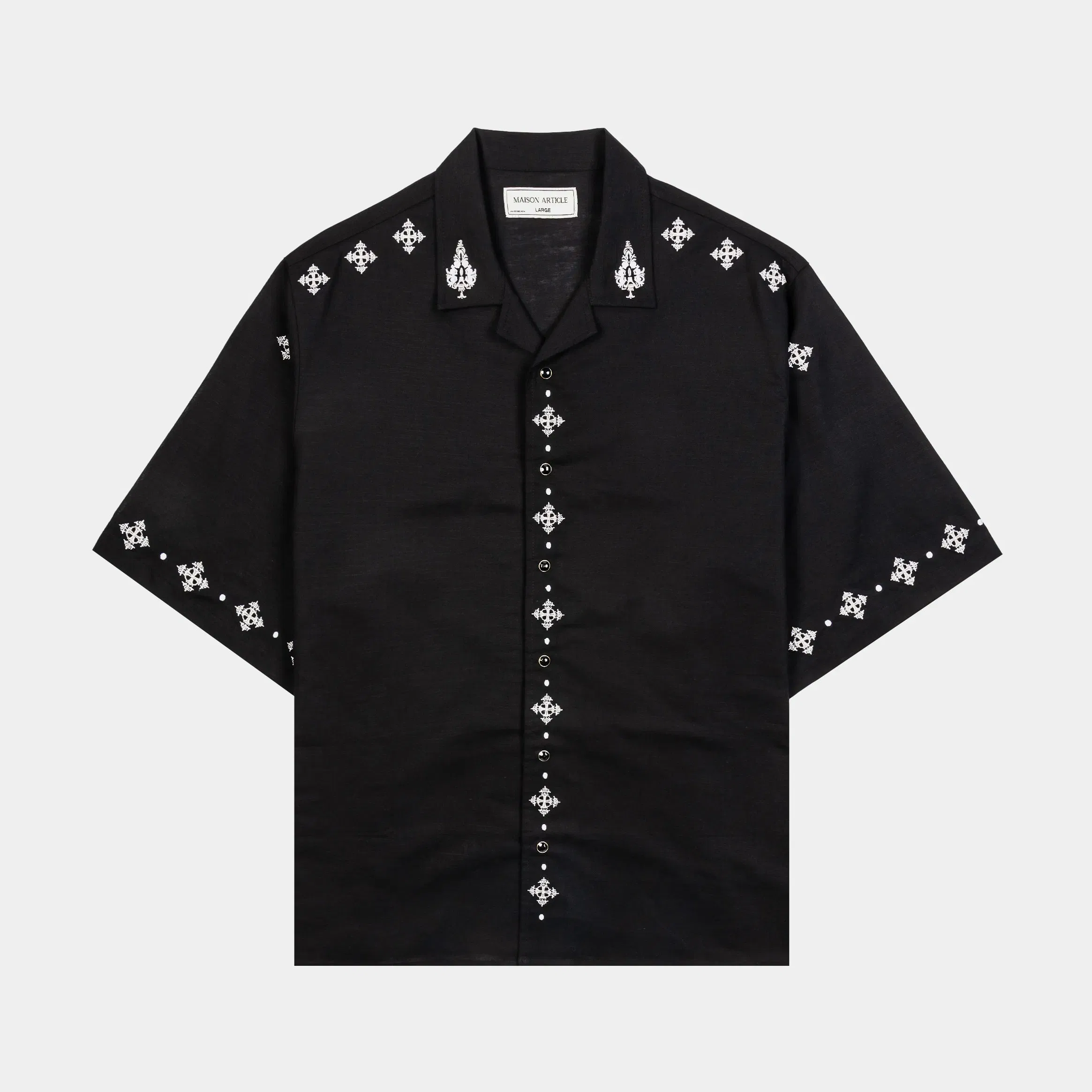 MAISON ARTICLE Crosses Cotton Button Up Mens Short Sleeve Shirt (Black/White)
