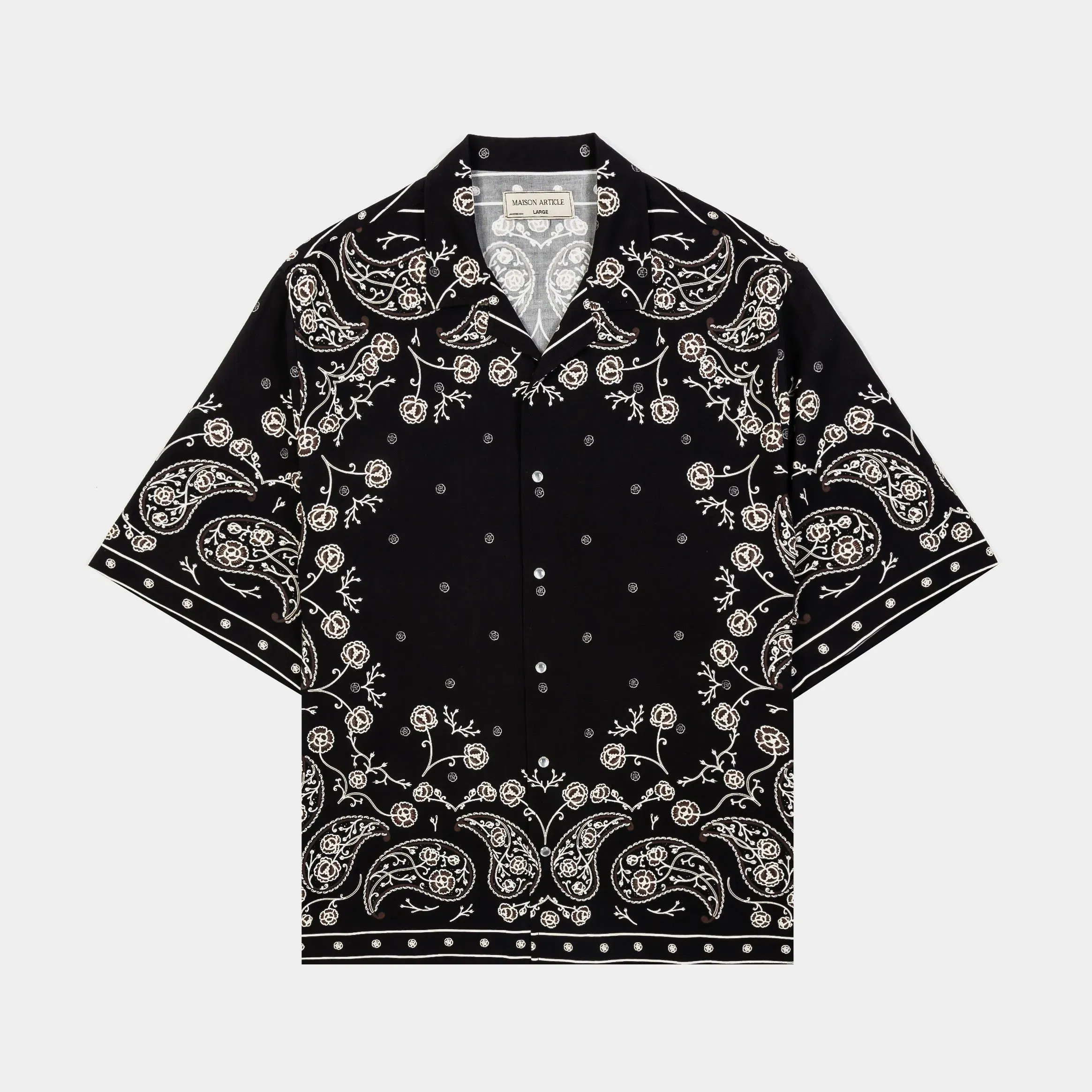 MAISON ARTICLE Rose Paisley Rayon Button Up Mens Short Sleeve Shirt (Beige/Black)