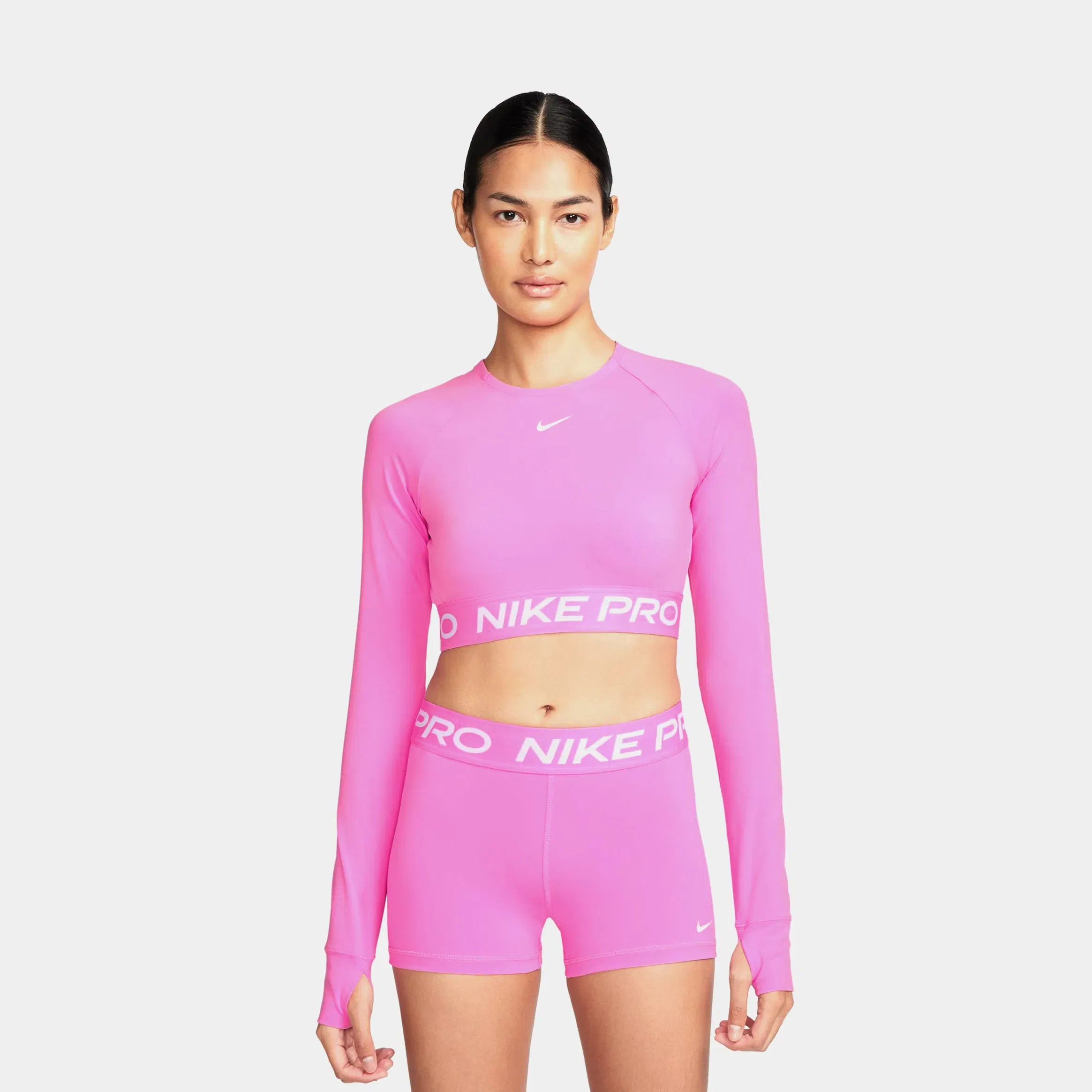 Nike Pro Dri Fit Cropped Womens Long Sleeve Shirt (Playful Pink/White)
