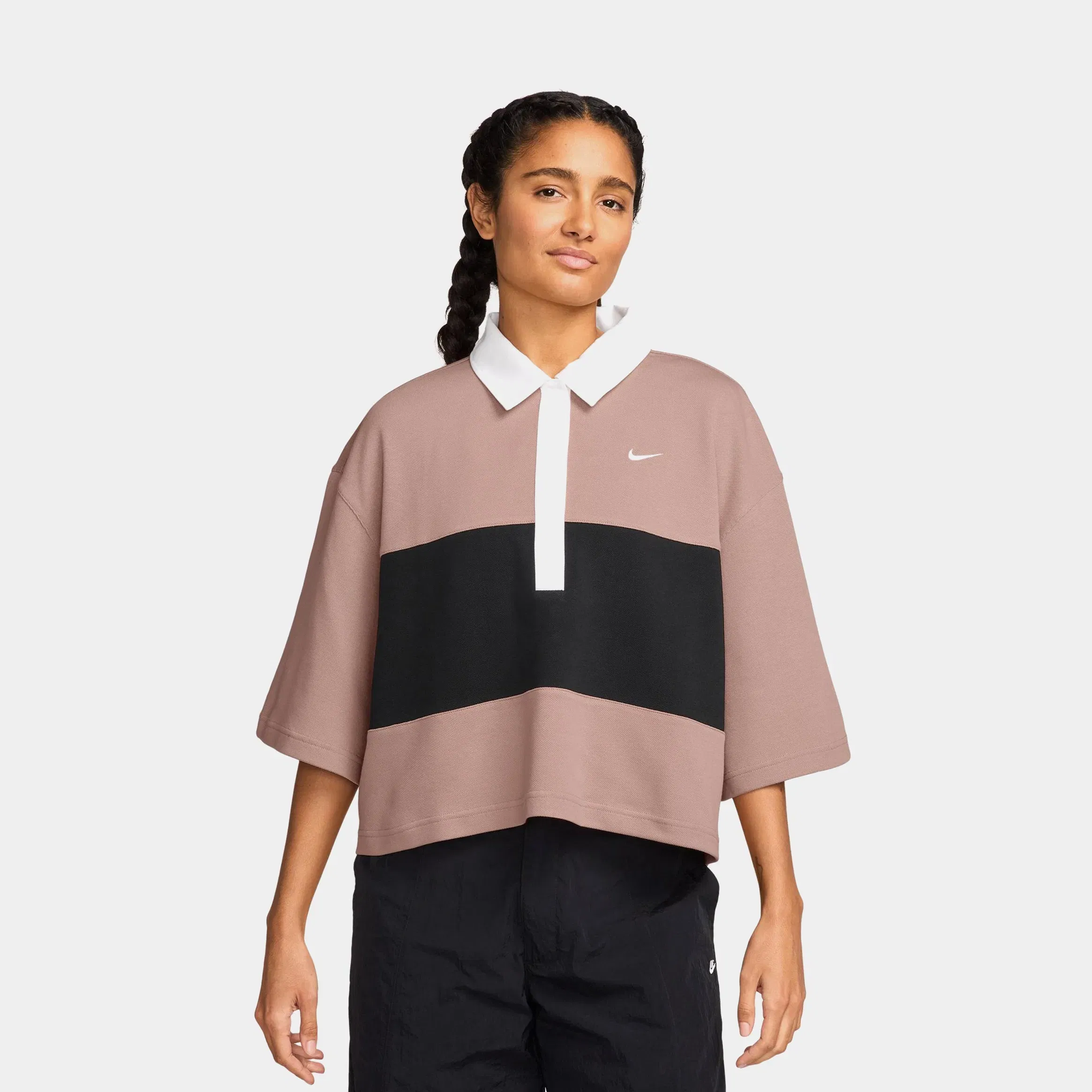 Nike Oversized Polo Womens Short Sleeve Shirt (Particle Pink/Black/White/White)