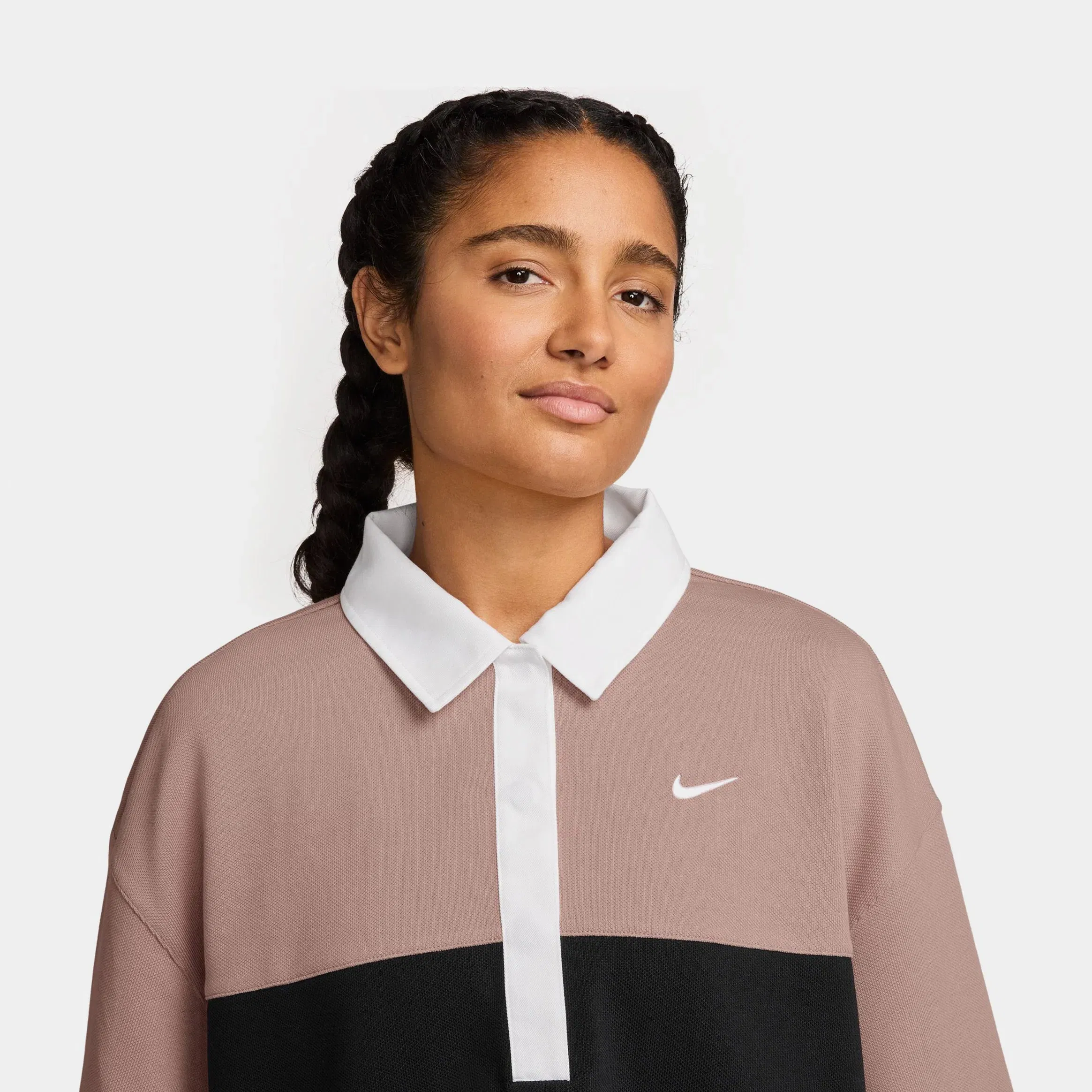 Nike Oversized Polo Womens Short Sleeve Shirt (Particle Pink/Black/White/White)