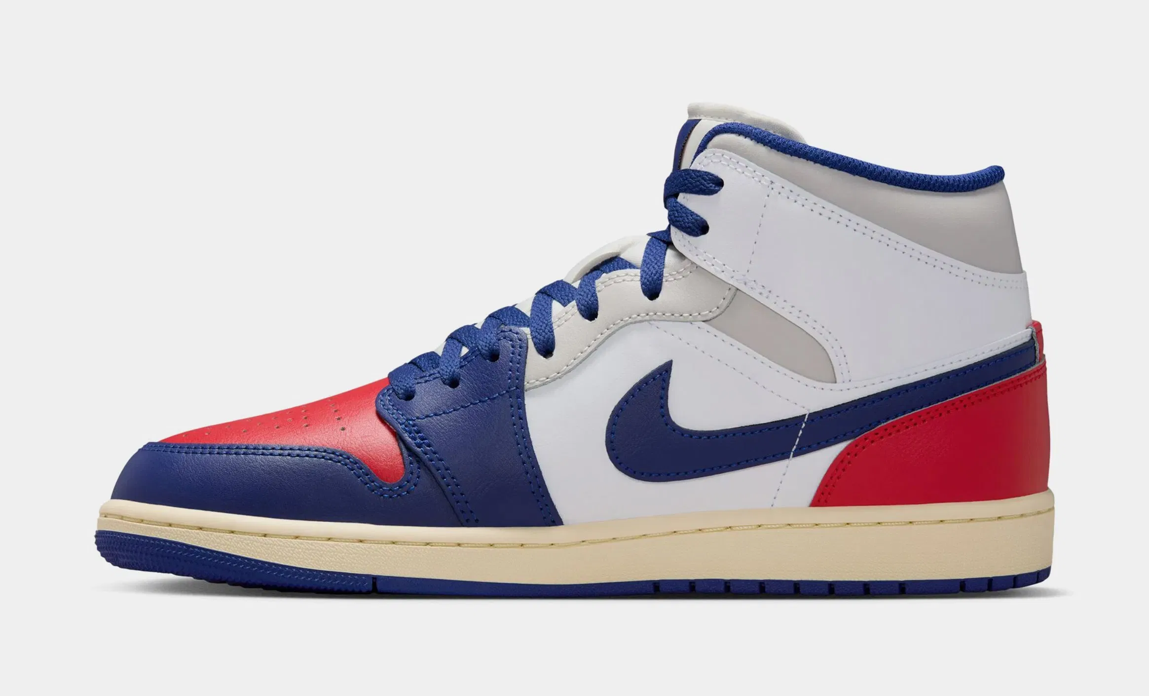 Air Jordan 1 Mid Mens Basketball Shoes (White/Deep Royal Blue/University Red)