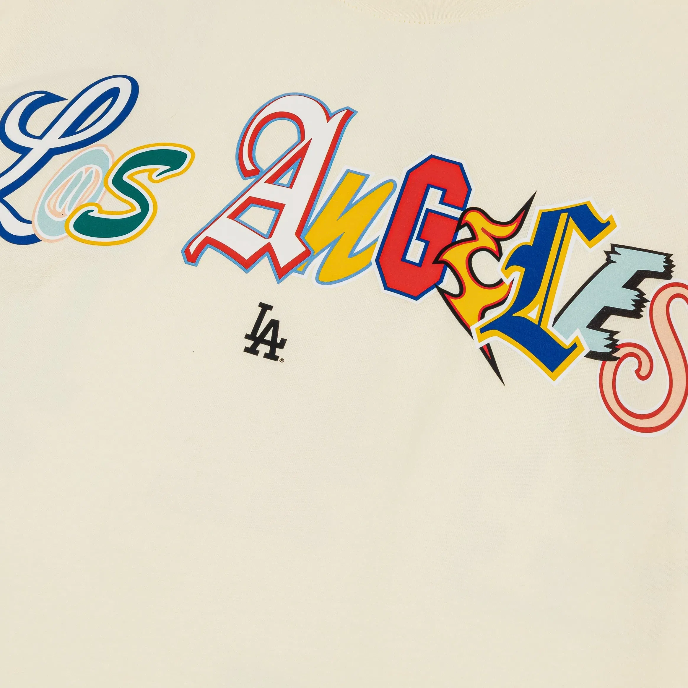 New Era Los Angeles Dodgers Life Graphic Mens Short Sleeve Shirt (Cream/Red)