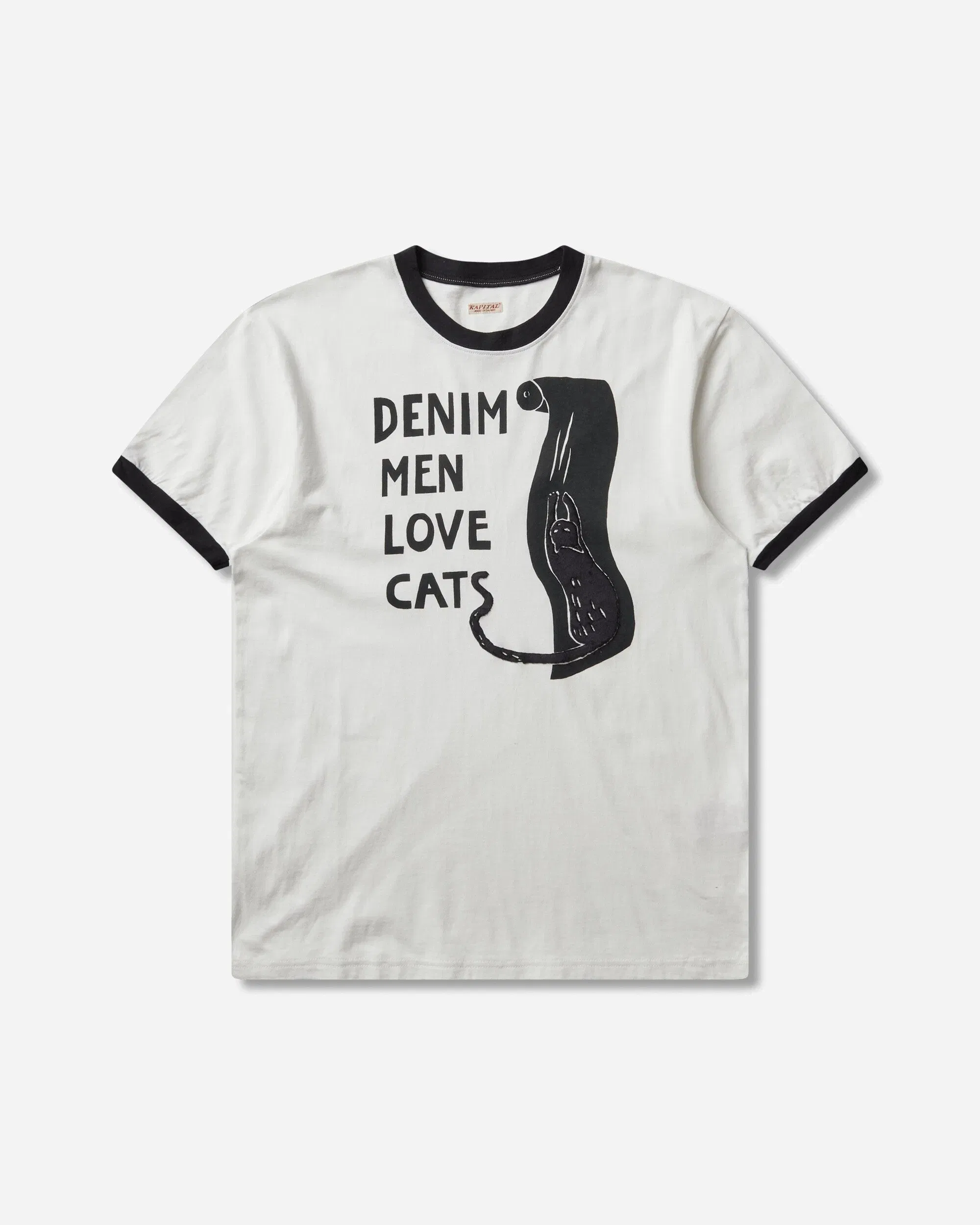 KAPITAL Men's 20/-Jersey Ringer T-Shirt (Denim Men Love Cats Scratch) White