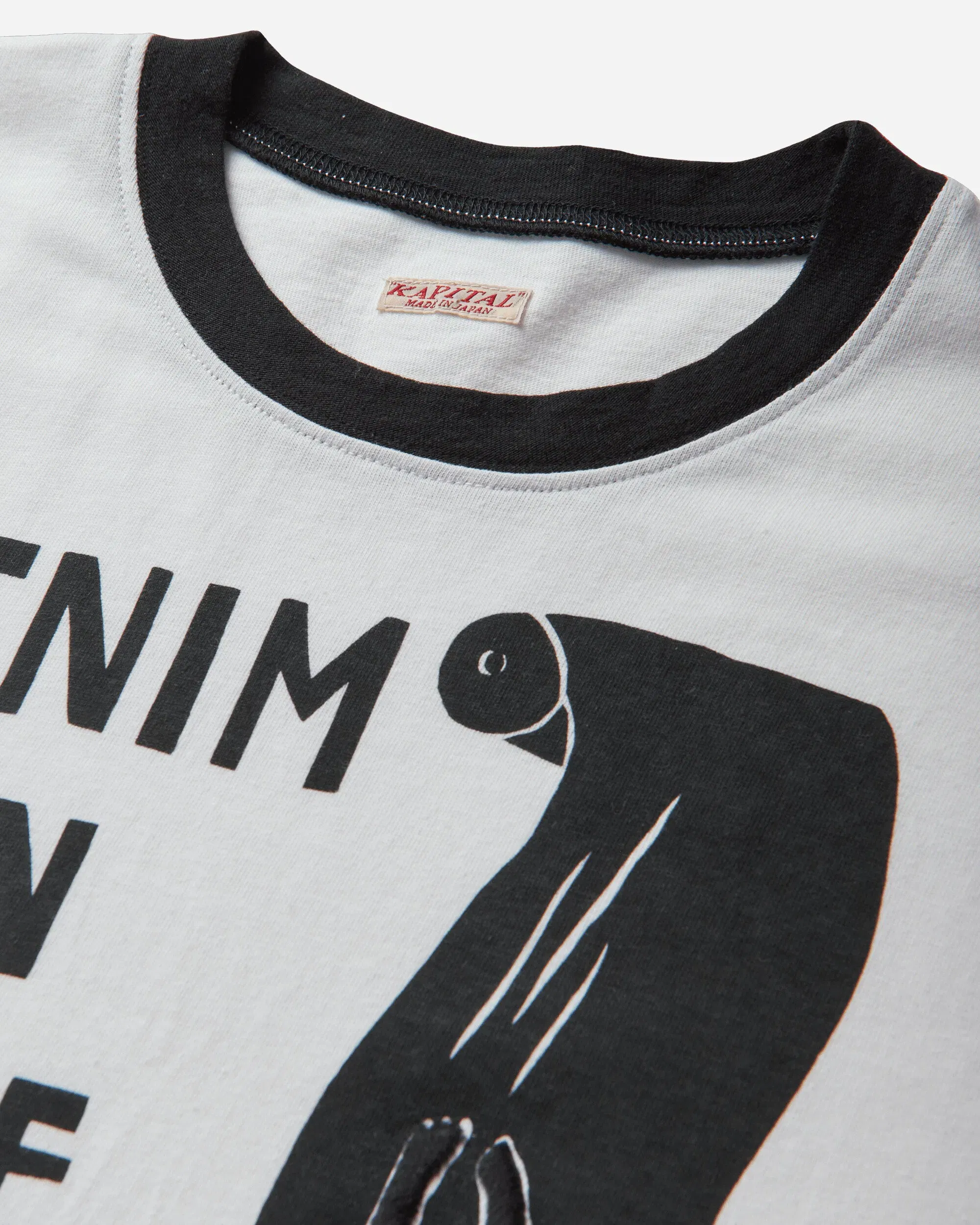 KAPITAL Men's 20/-Jersey Ringer T-Shirt (Denim Men Love Cats Scratch) White