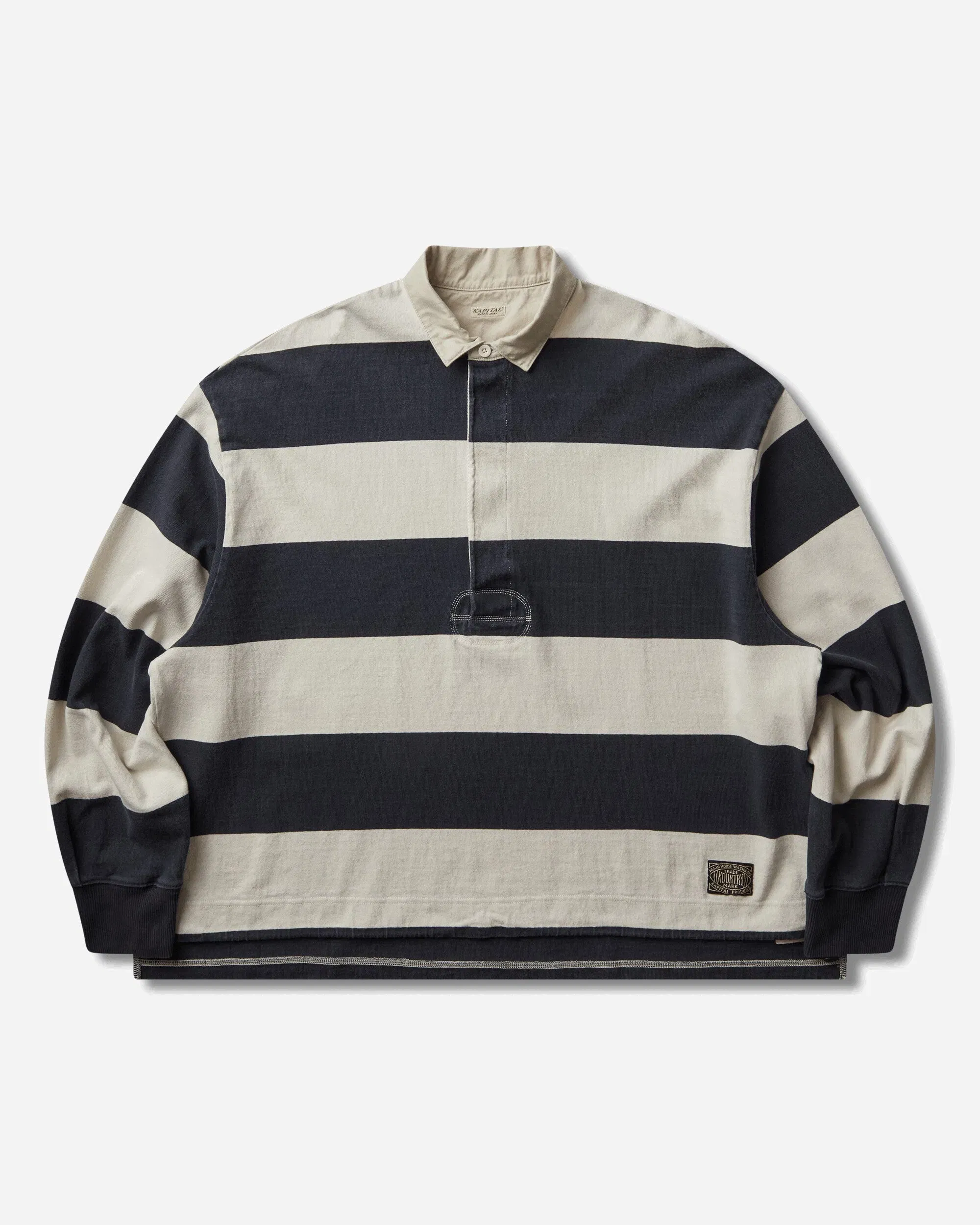 KAPITAL Men's Jail Stripe Jersey Big Rugger Shirt Black / Ecru