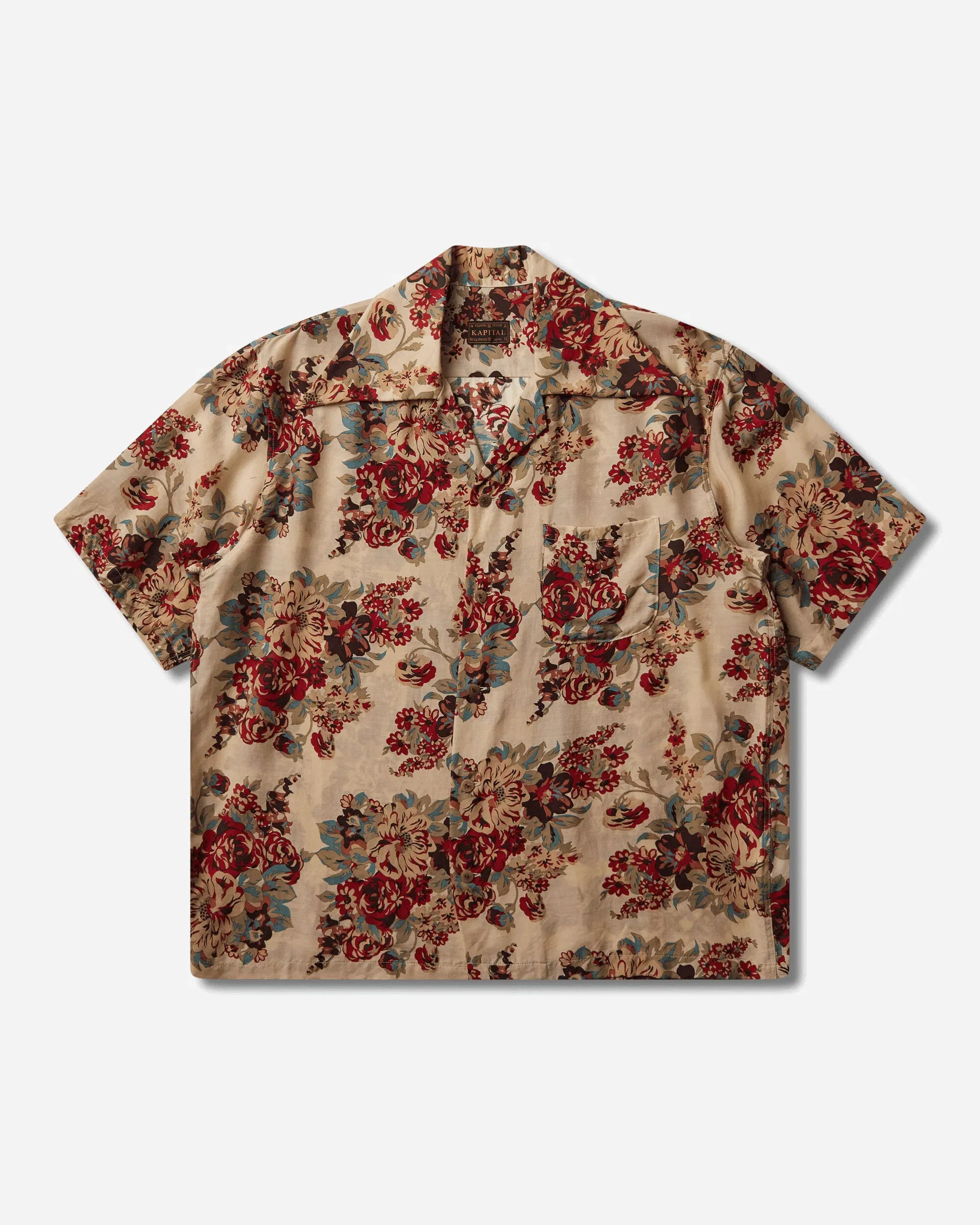KAPITAL Men's Silk Rayon Champetre Amaterasu Wrangle Collar Aloha Shirt Ecru