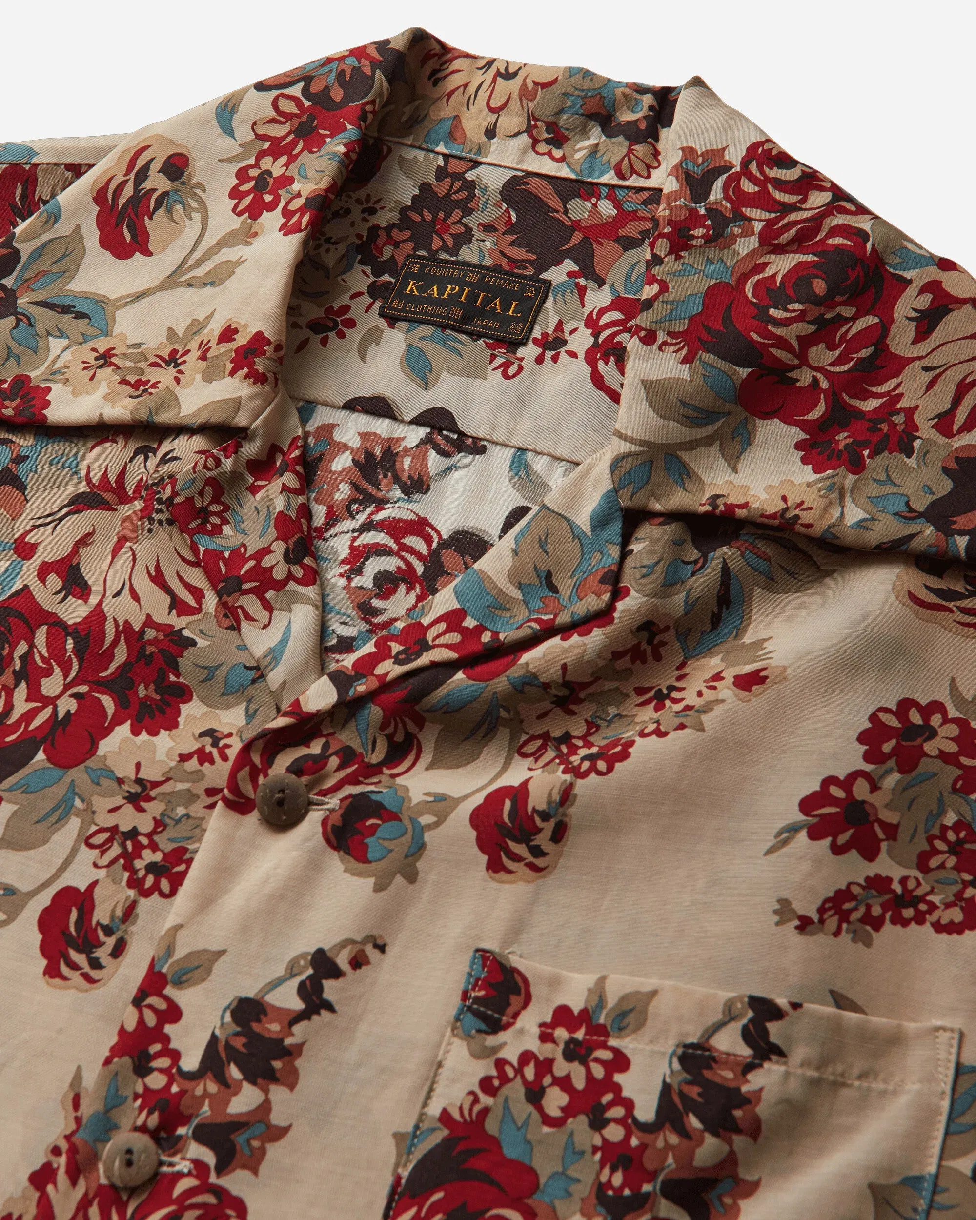 KAPITAL Men's Silk Rayon Champetre Amaterasu Wrangle Collar Aloha Shirt Ecru