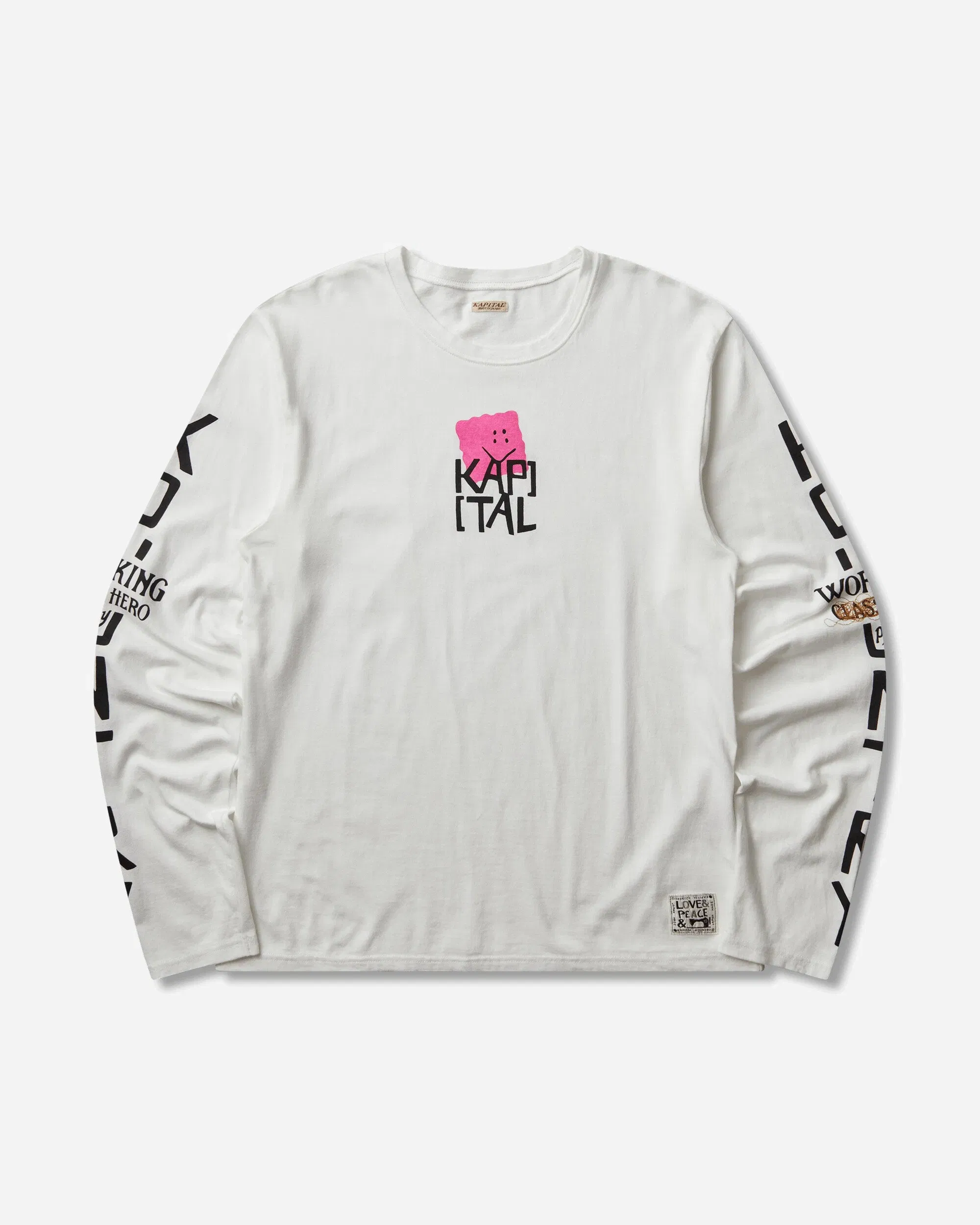 KAPITAL Men's 20/-Jersey Crew Longsleeve T-Shirt (Peckish Kap) White / Pink