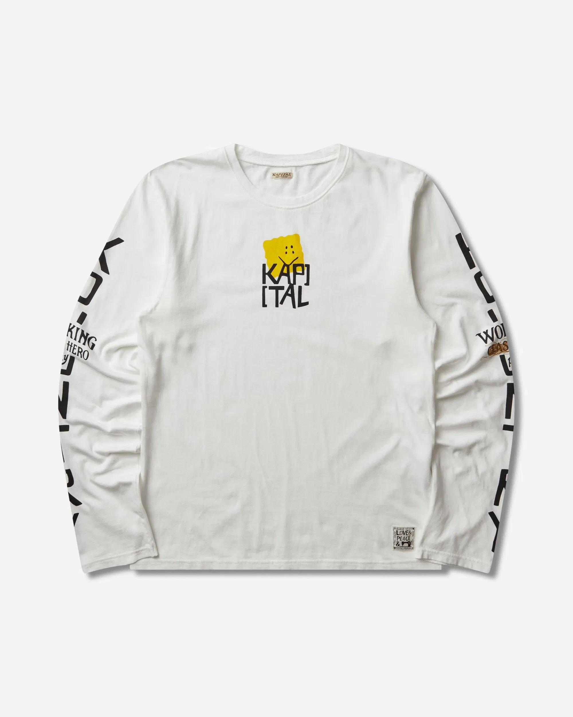 KAPITAL Men's 20/-Jersey Crew Longsleeve T-Shirt (Peckish Kap) White / Yellow
