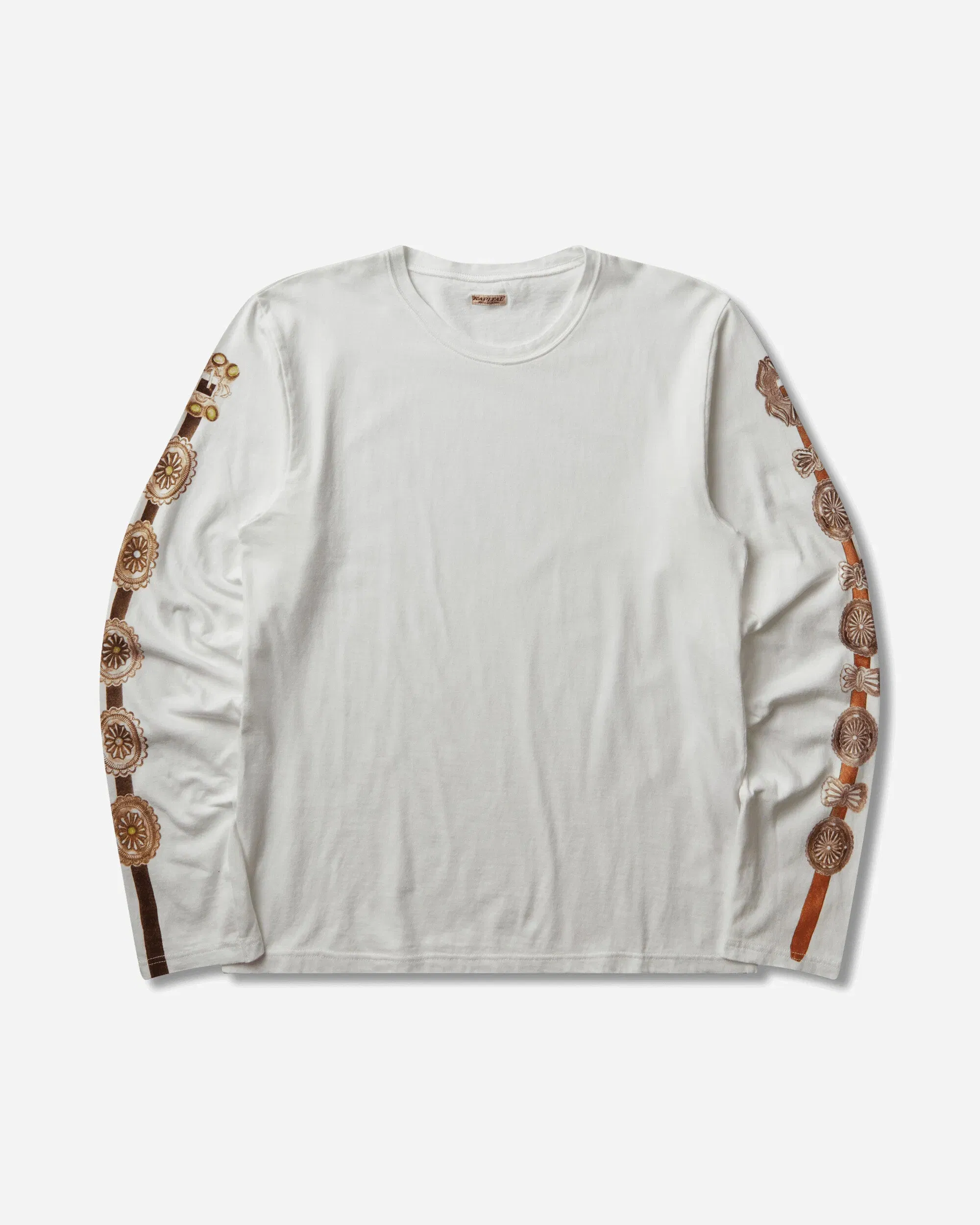 KAPITAL Men's 20/-Jersey Crew Longsleeve T-Shirt (Concho Belt Sleeve) White