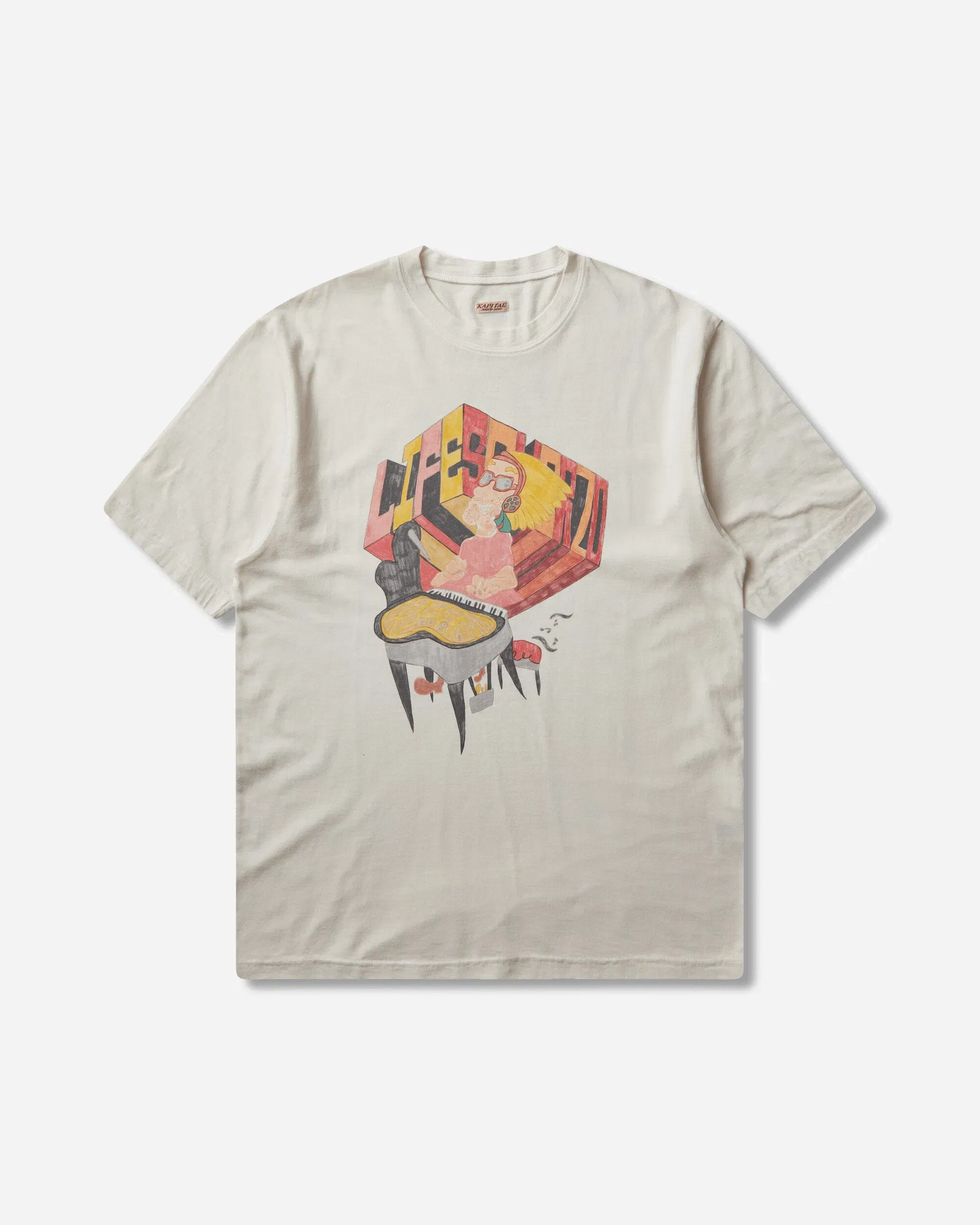 KAPITAL Men's 20/-Jersey Crew T-Shirt (Analog Piano Man) Ecru
