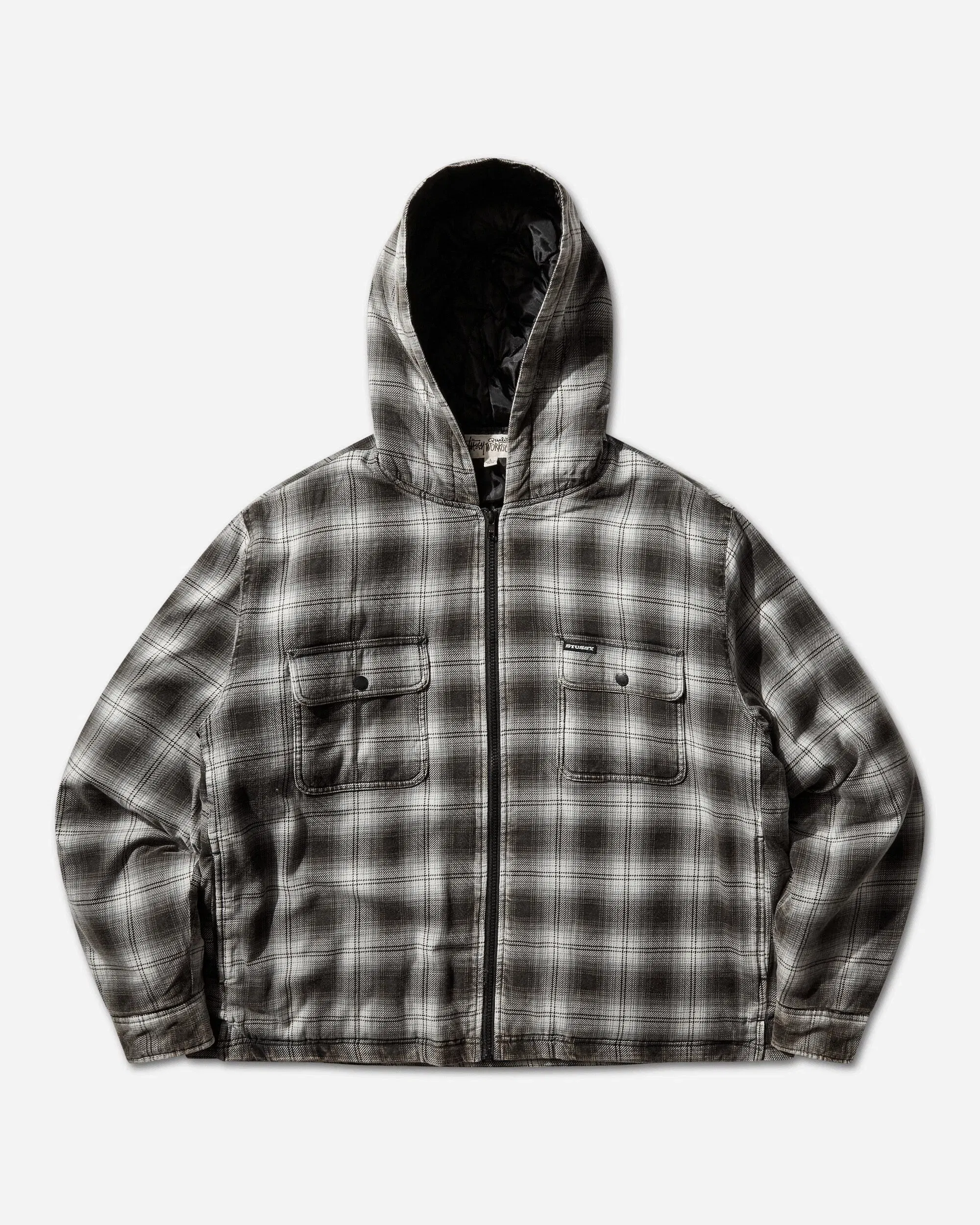 Stussy Zip Hooded Plaid Shirt Charcoal