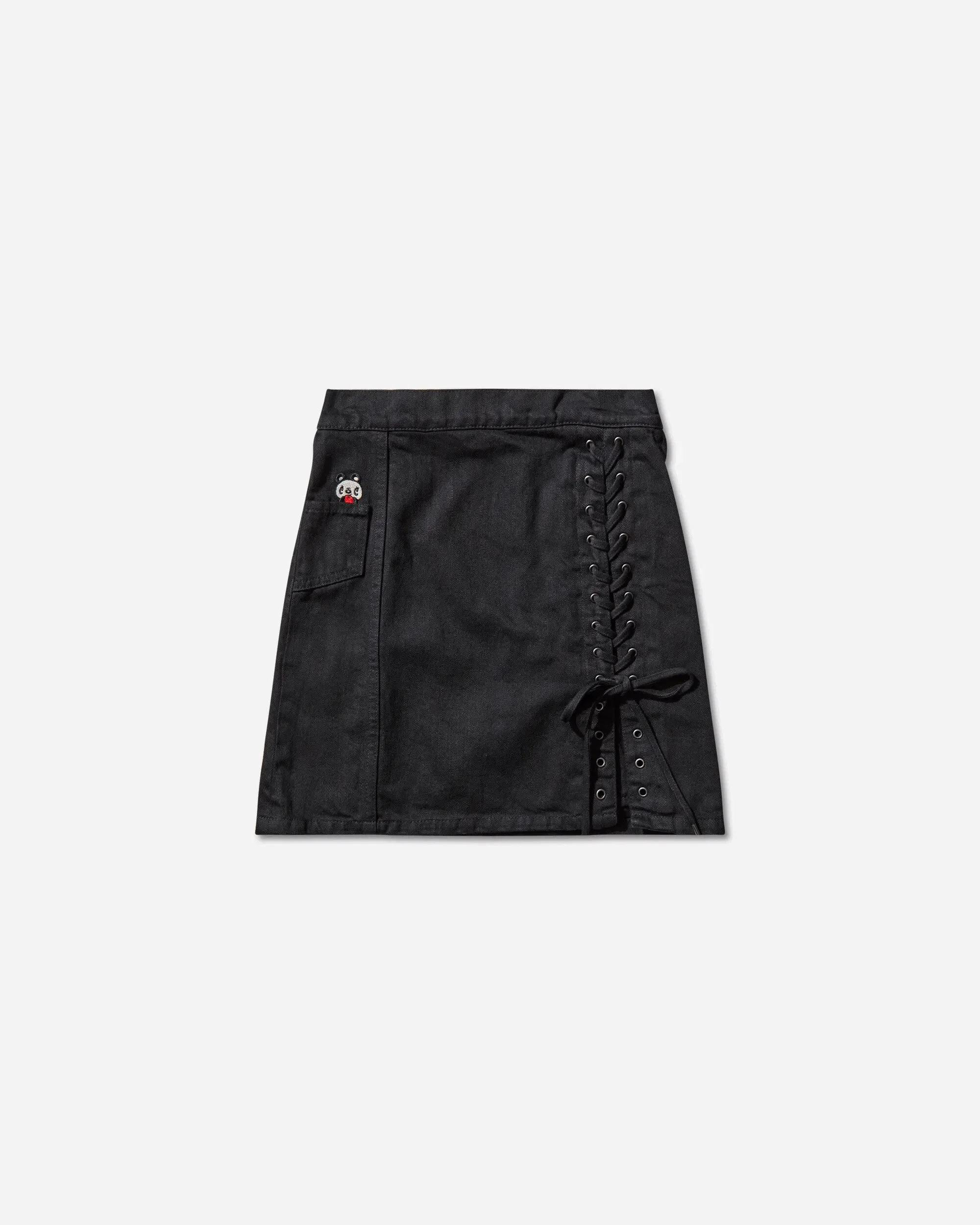 Hysteric Glamour Women's Apple Panda Embroidered Side Lace-Up Denim Mini Skirt Black