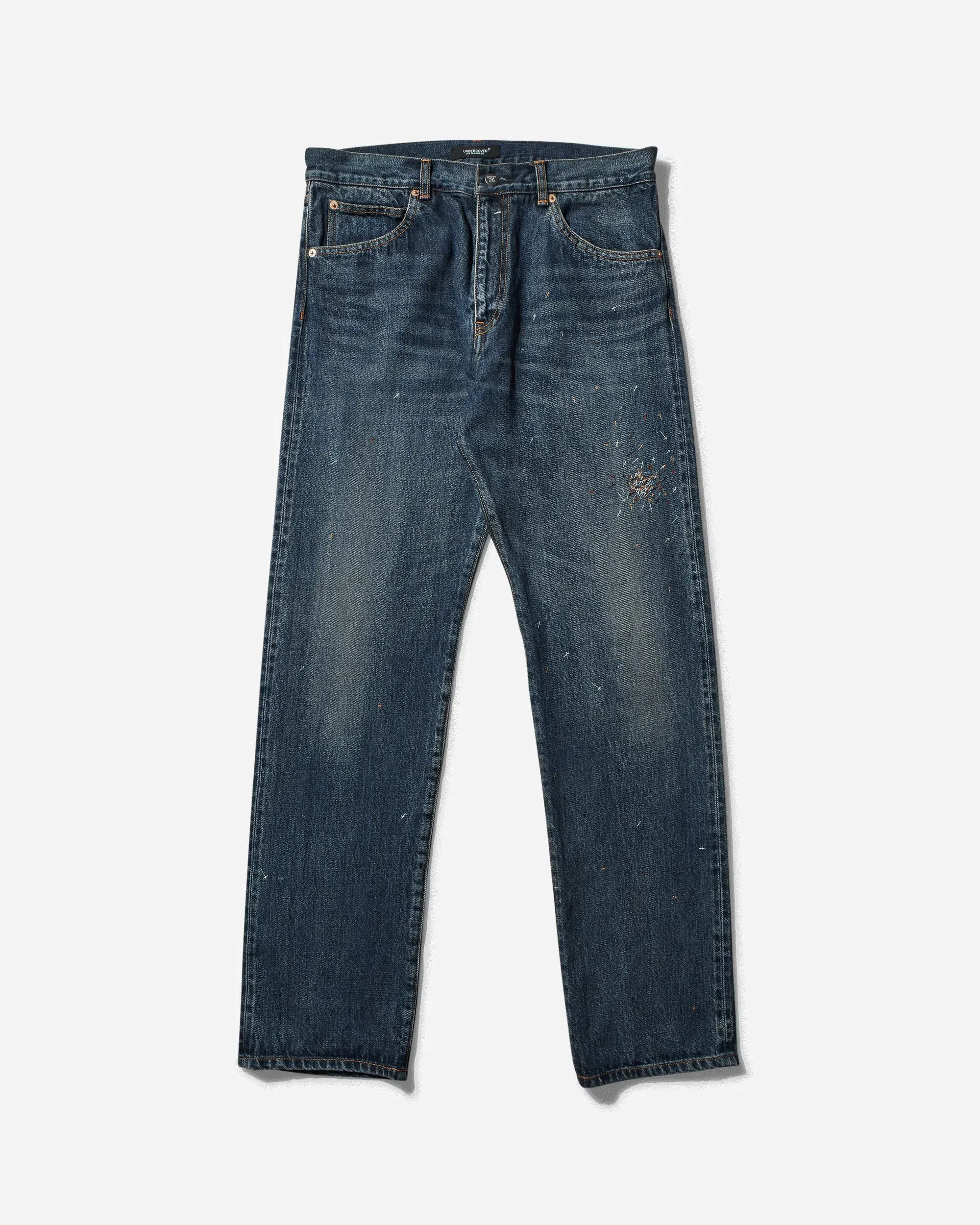 Undercover Men's Cross Embroidery Distressed Denim Pants Light Blue Indigo
