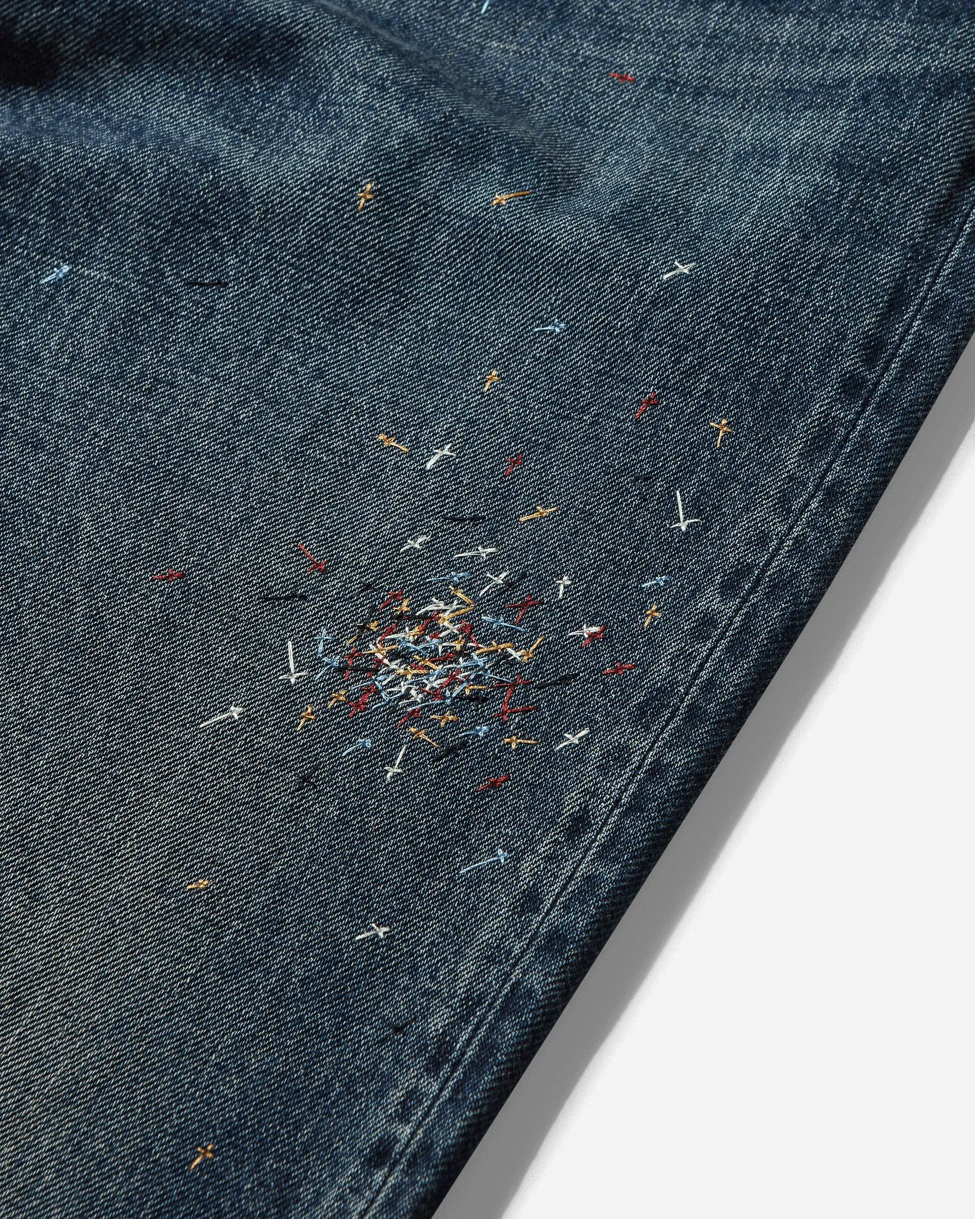 Undercover Men's Cross Embroidery Distressed Denim Pants Light Blue Indigo
