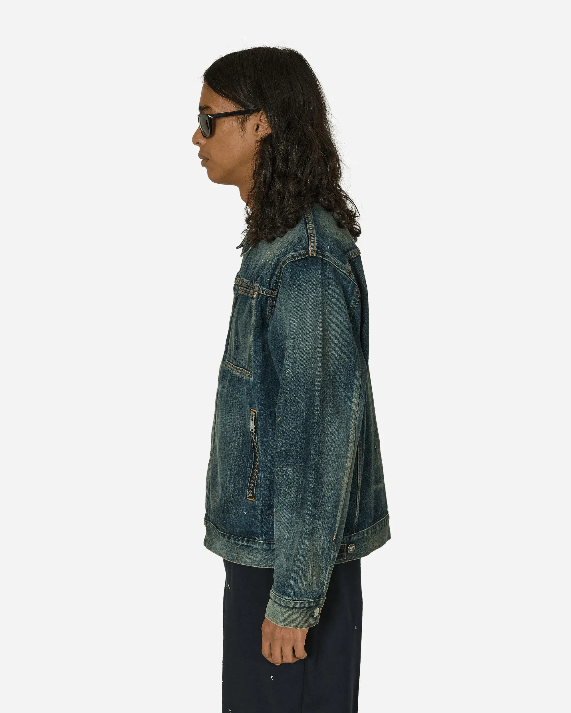 Undercover Cross Embroidery Distressed Denim Jacket Light Blue Indigo