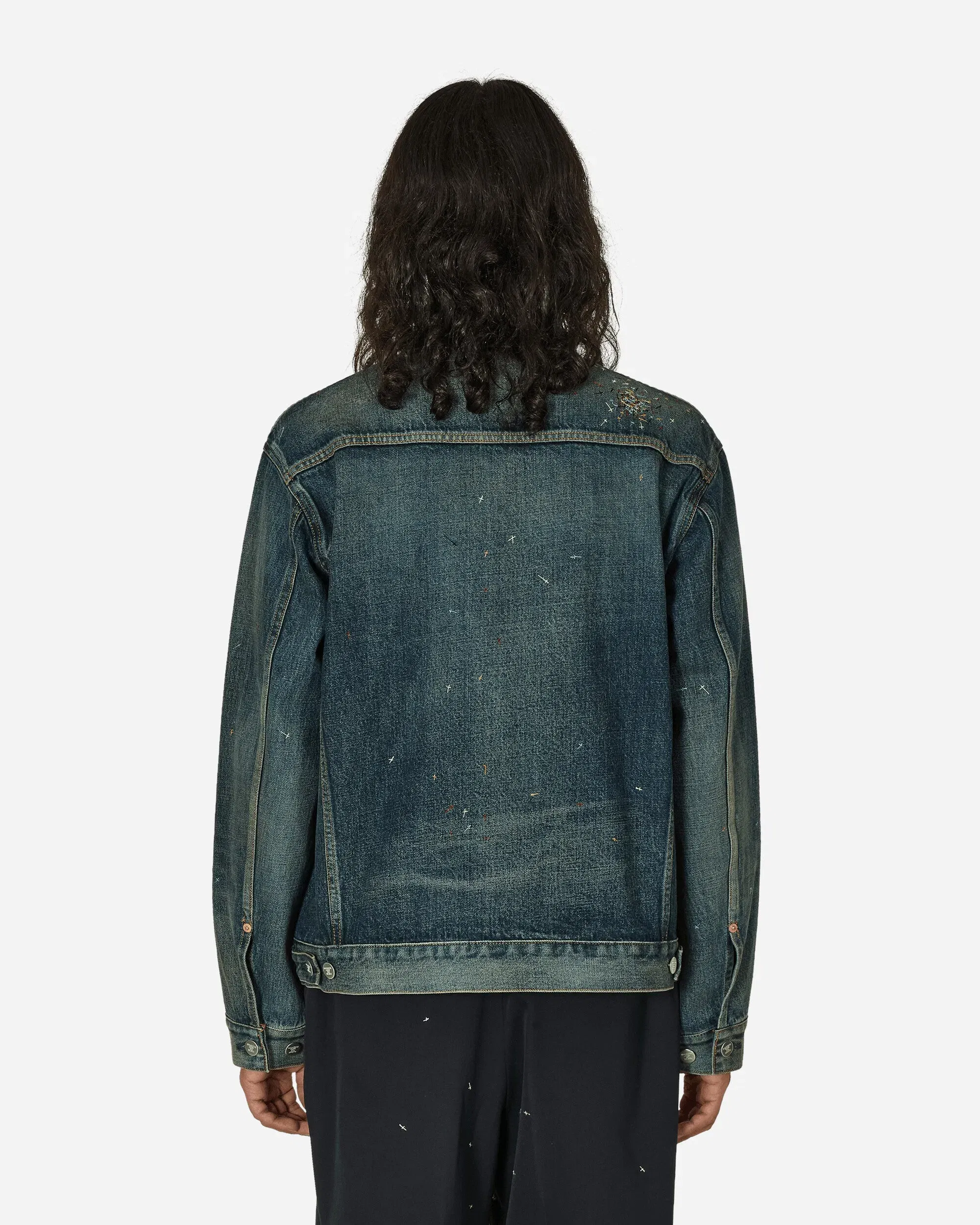 Undercover Cross Embroidery Distressed Denim Jacket Light Blue Indigo