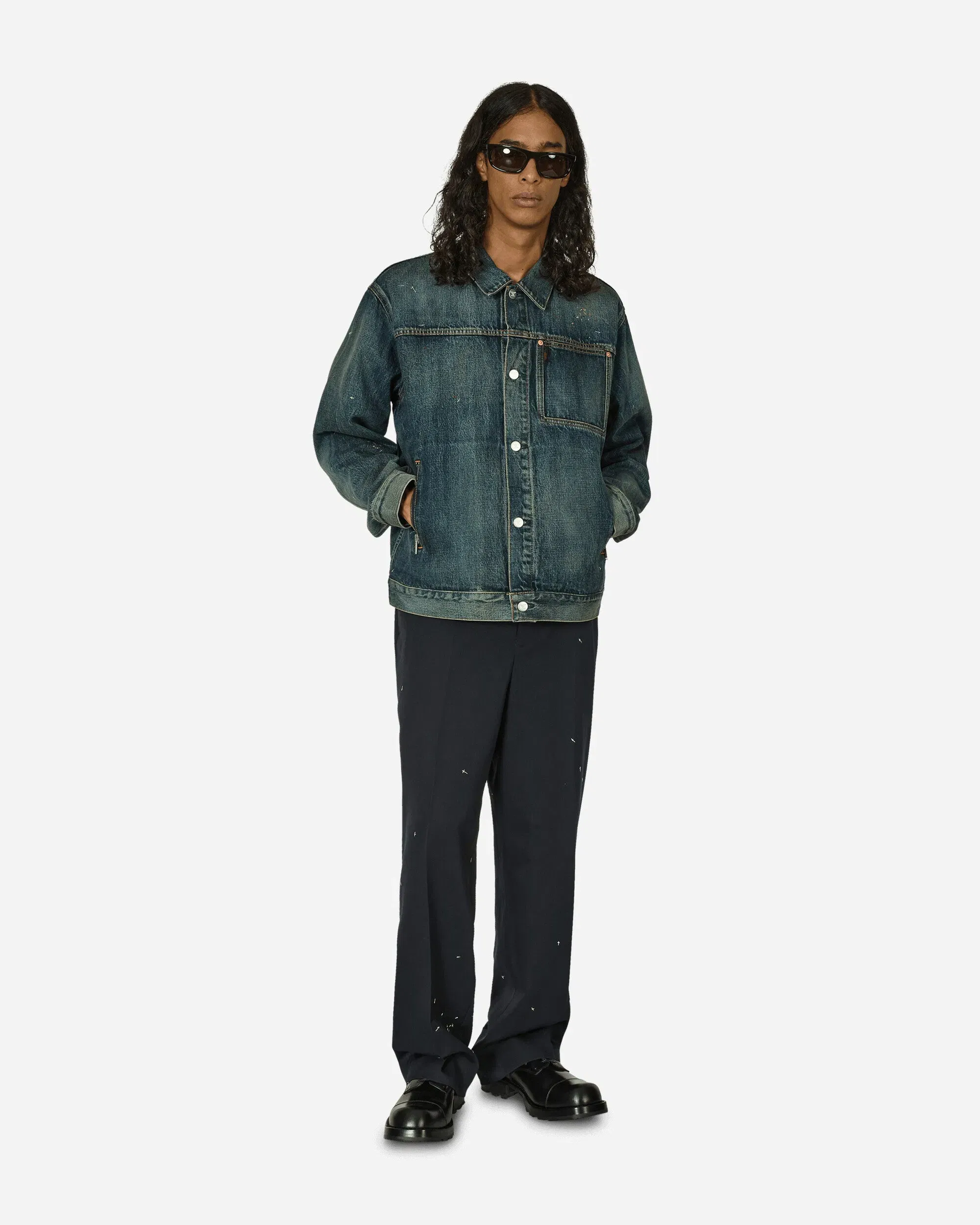 Undercover Cross Embroidery Distressed Denim Jacket Light Blue Indigo