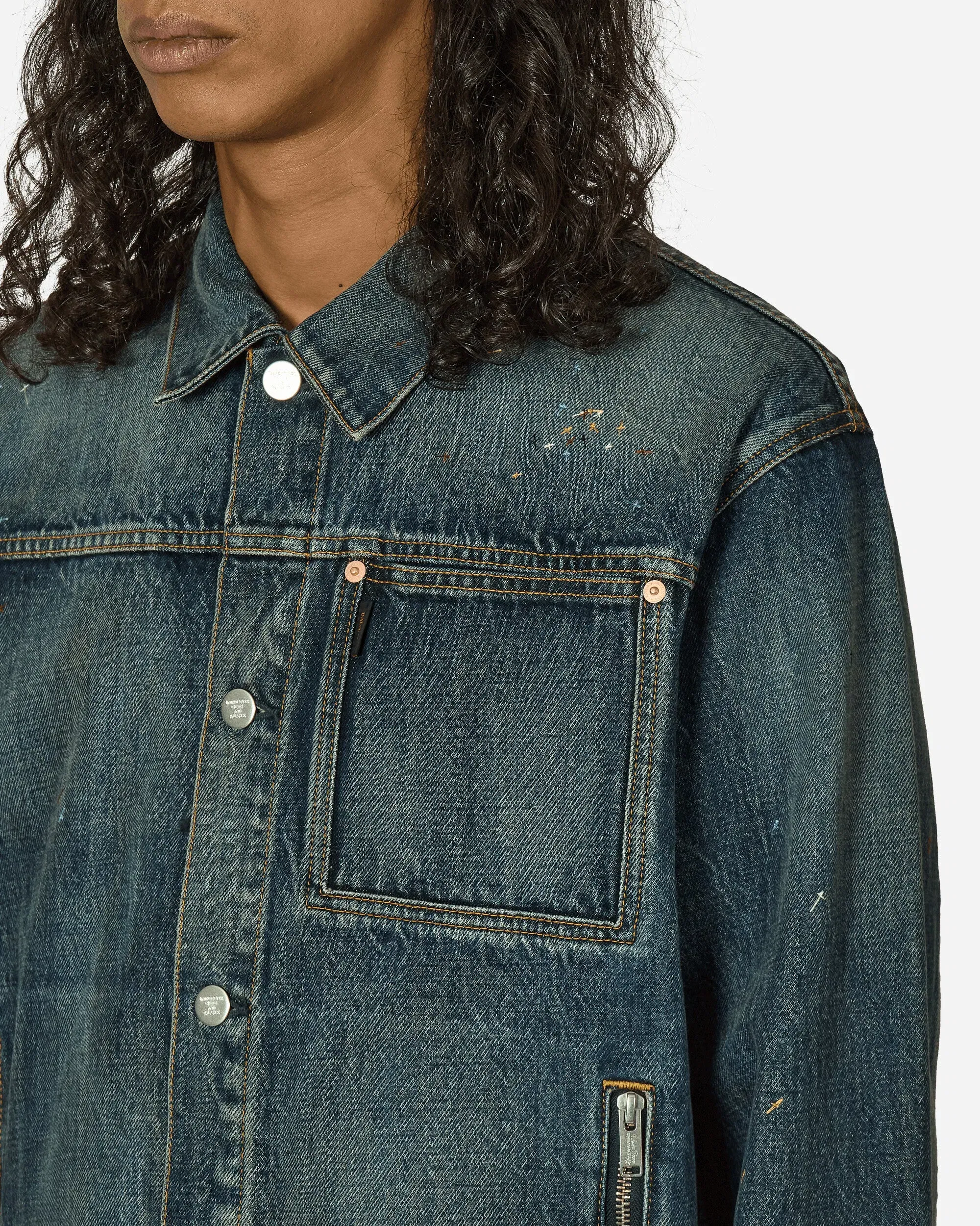 Undercover Cross Embroidery Distressed Denim Jacket Light Blue Indigo