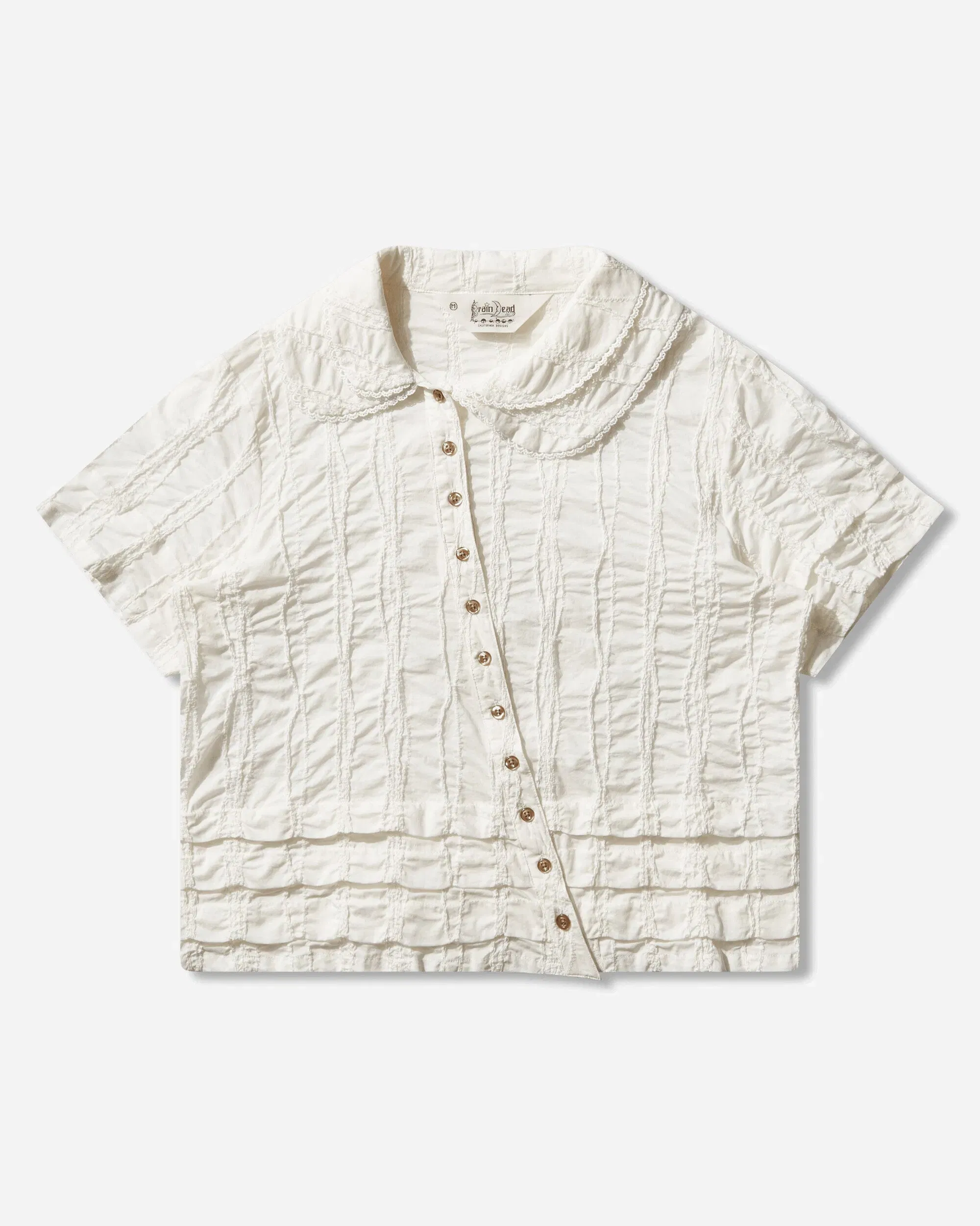 Brain Dead Women's Twisted Seersucker Button Up Shirt Beige