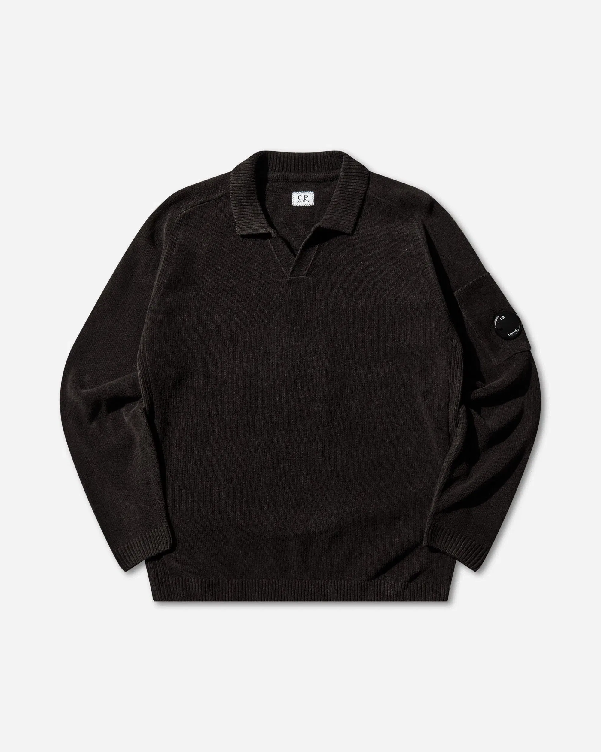 C.P. Company Men's Chenille Cotton Polo Lens Sweater Black