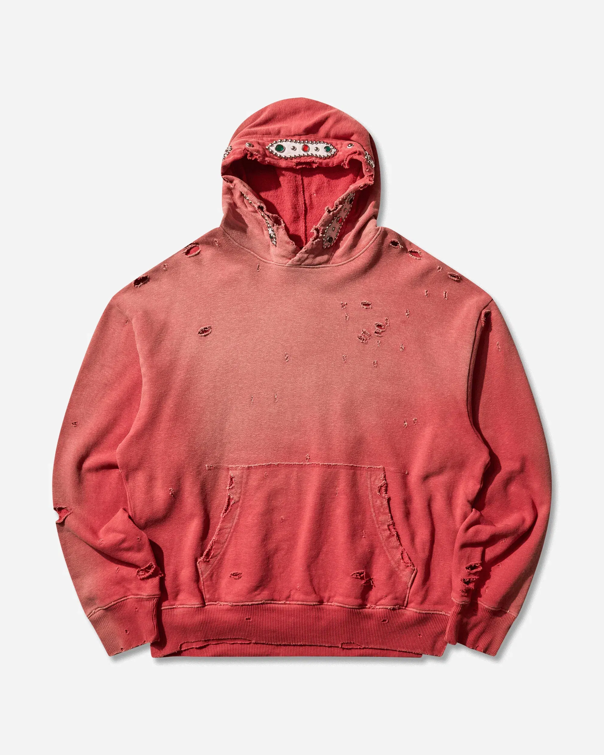KAPITAL Men's Sweat Knit Thriller Damaged Hoodie (Studs) Red