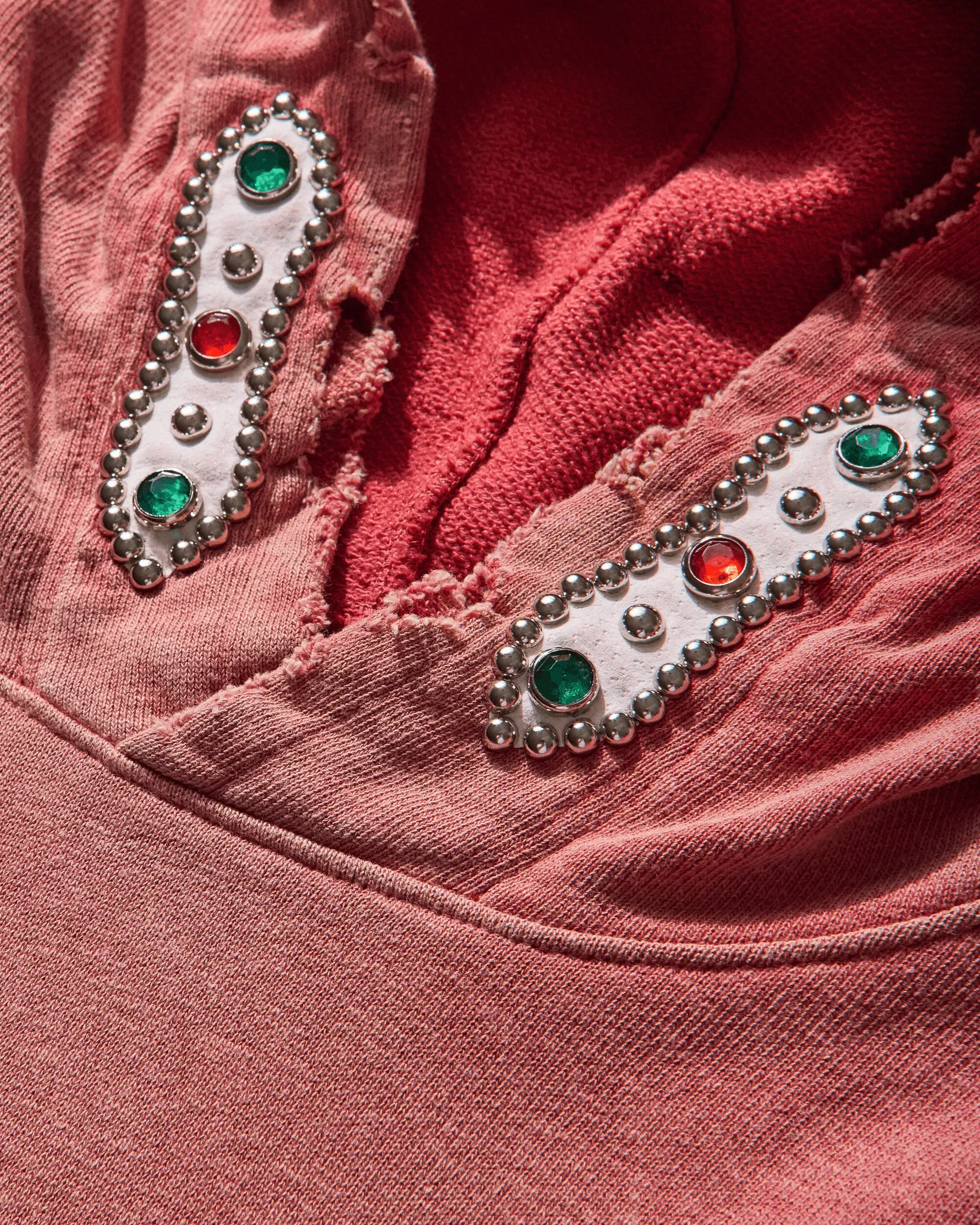 KAPITAL Men's Sweat Knit Thriller Damaged Hoodie (Studs) Red