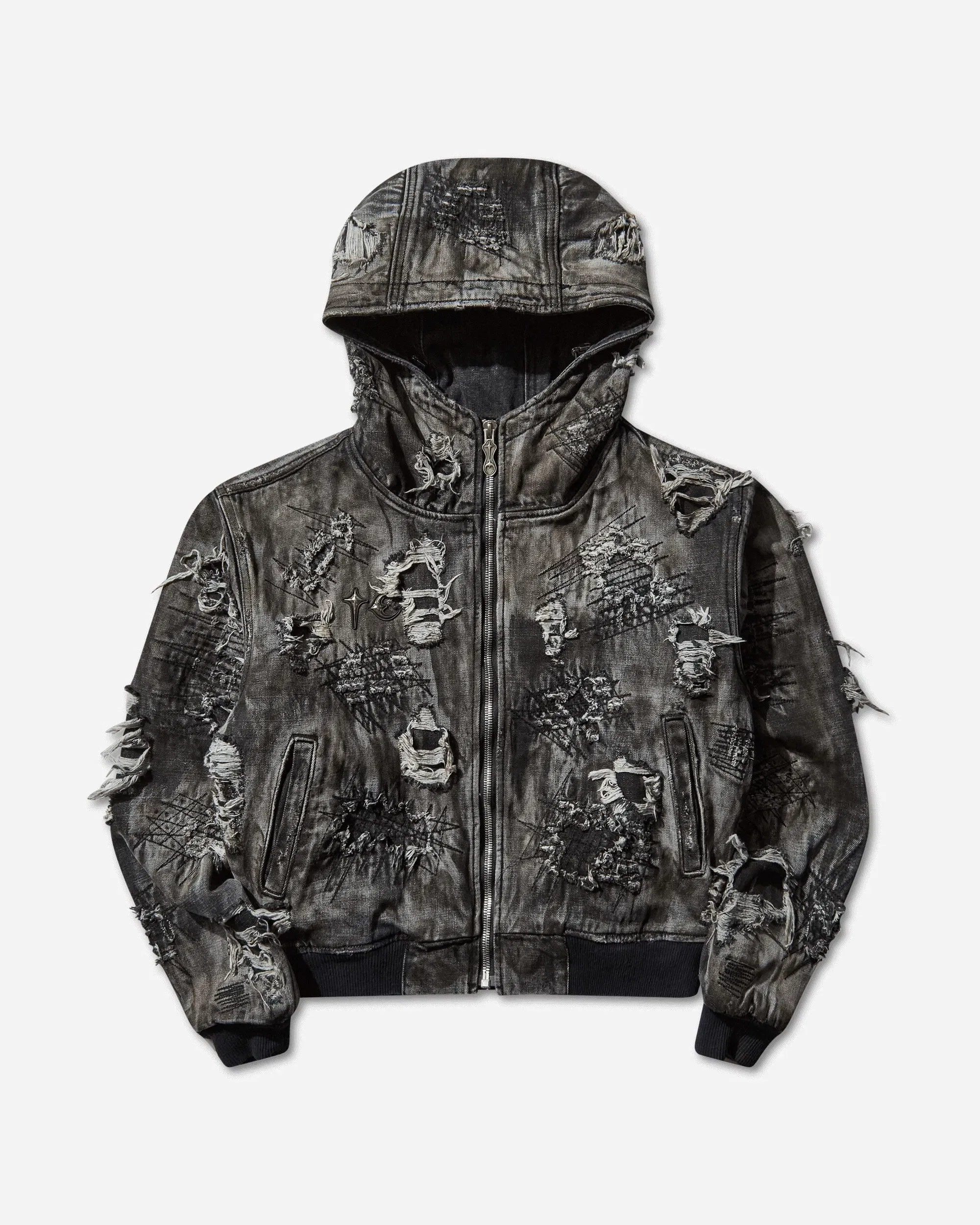 THUG CLUB Men's Hard-Washed Damaged Denim Hooded Zip-Up Jacket Black