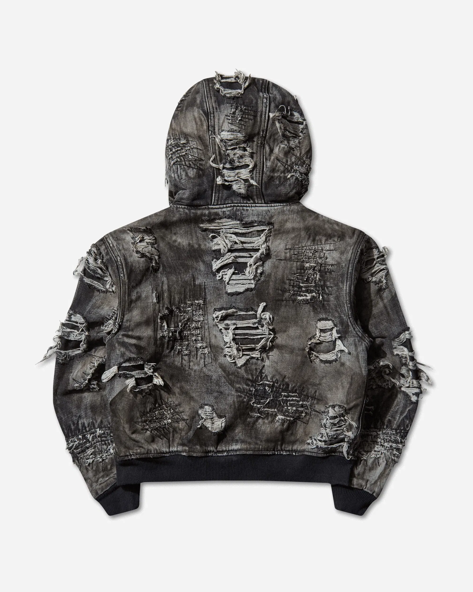 THUG CLUB Men's Hard-Washed Damaged Denim Hooded Zip-Up Jacket Black
