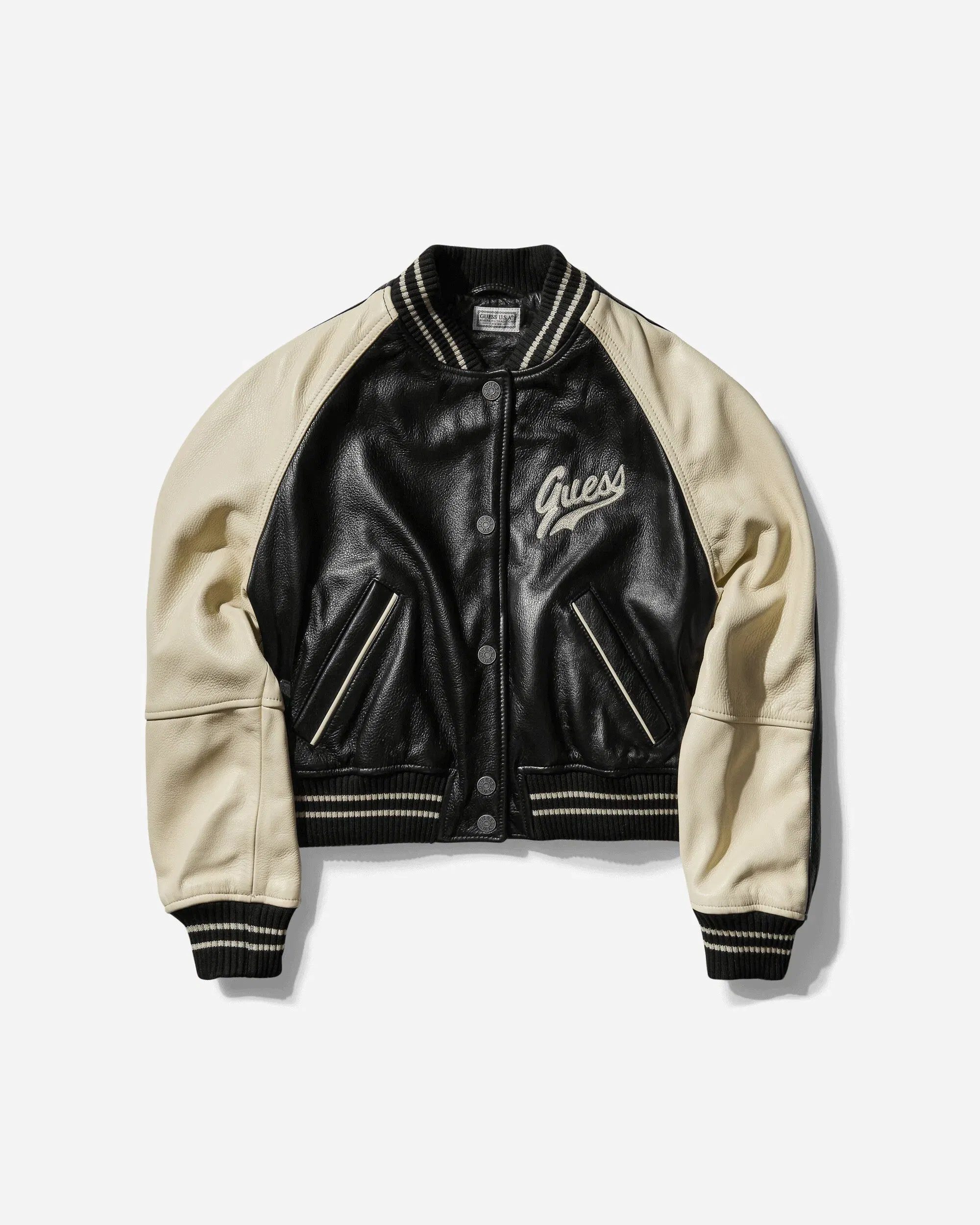 GUESS USA Women's Leather Varsity Jacket Jet Black