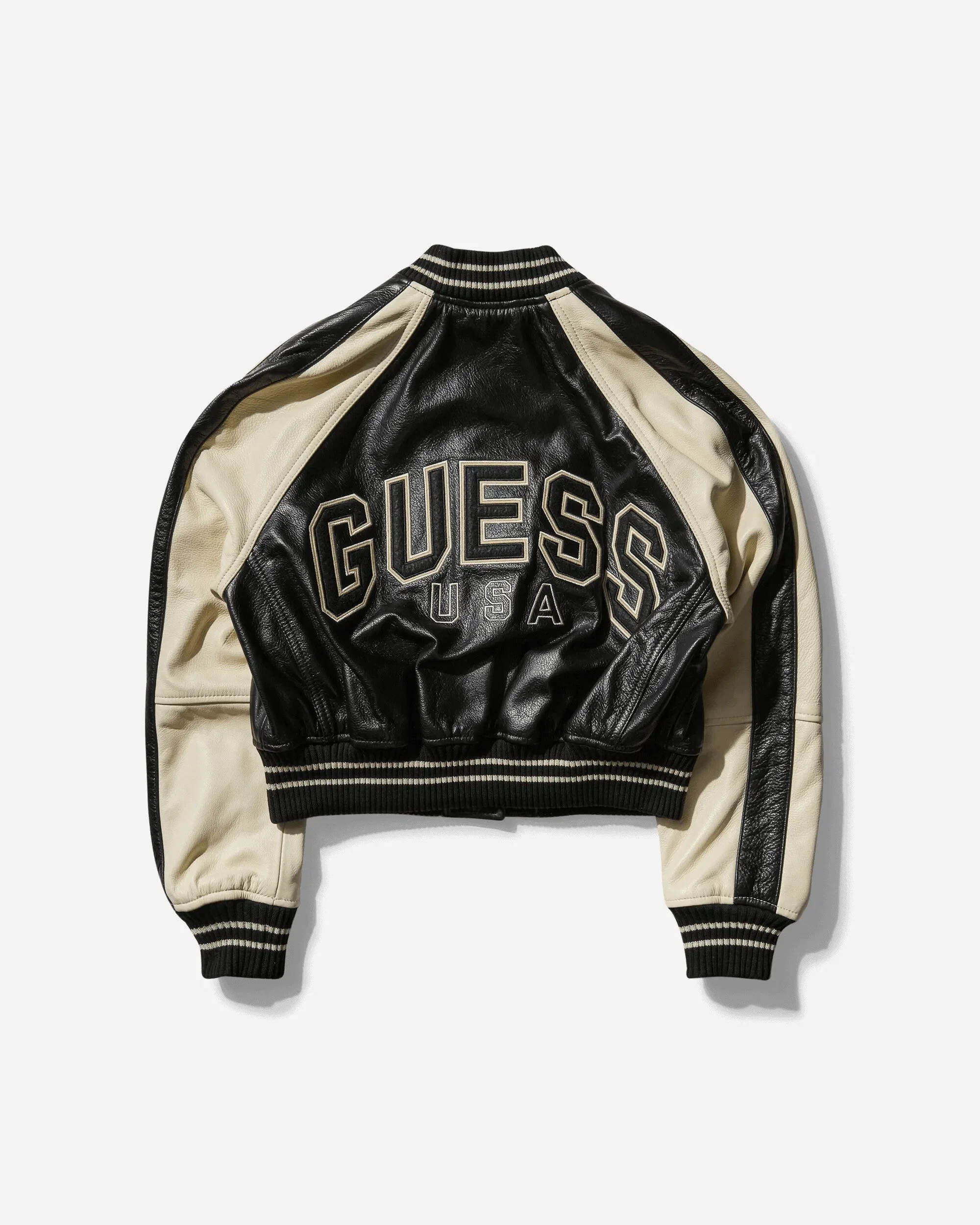 GUESS USA Women's Leather Varsity Jacket Jet Black