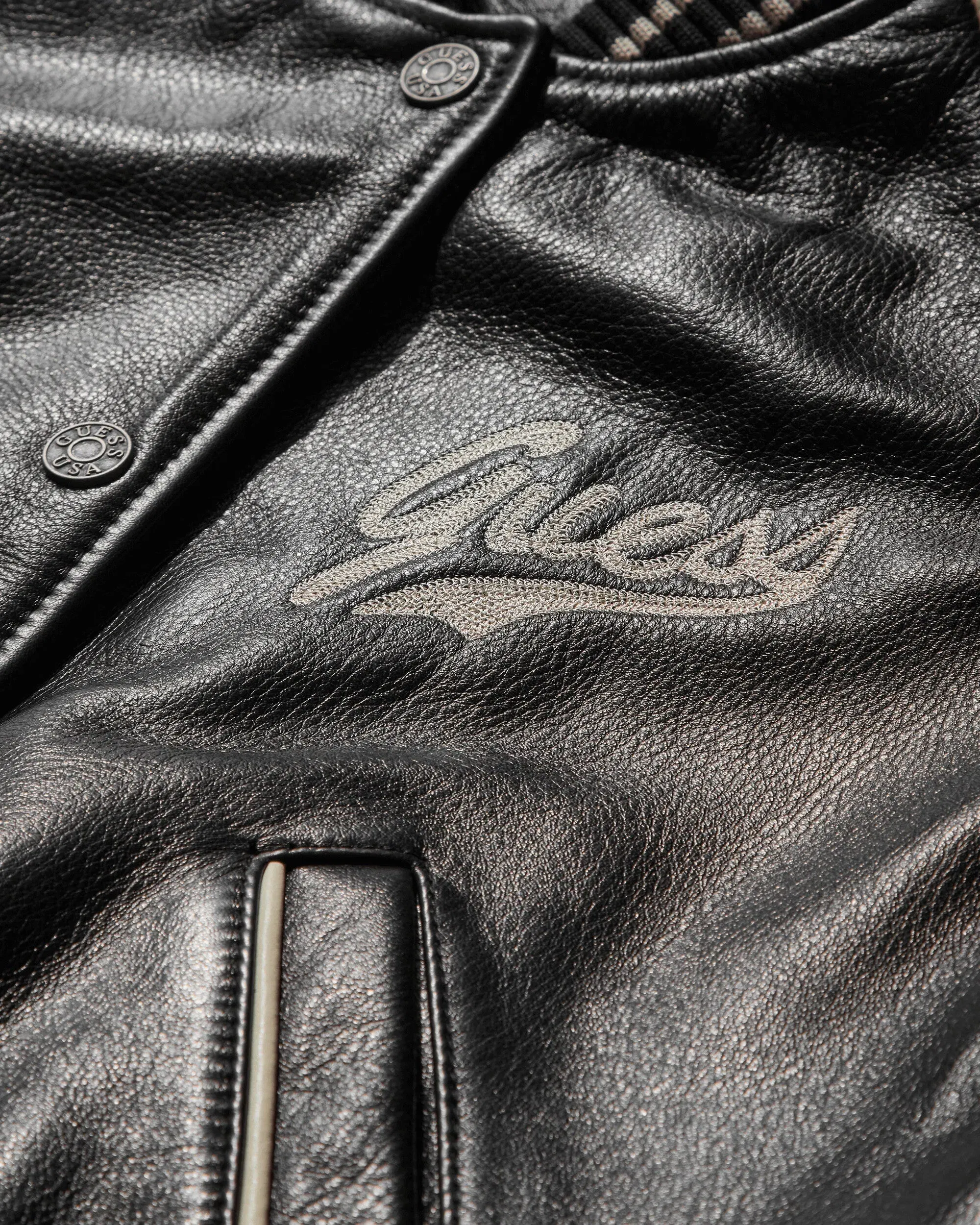 GUESS USA Women's Leather Varsity Jacket Jet Black