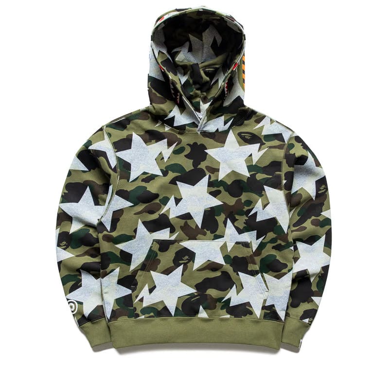 BAPE A Bathing Ape Sta Over Print 1st Camo Shark Pullover Hoodie - Green