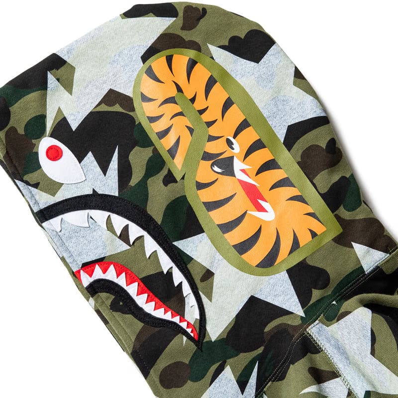 BAPE A Bathing Ape Sta Over Print 1st Camo Shark Pullover Hoodie - Green
