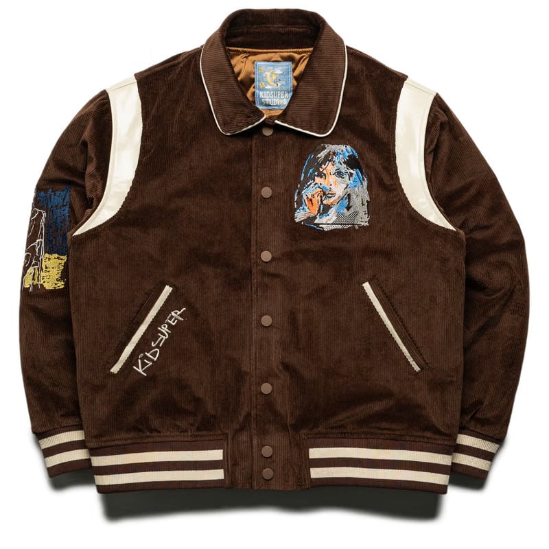 KidSuper Washed Corduroy Embroidered Faces Jacket - Brown