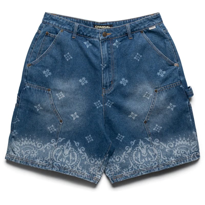Criminal Damage Laser Print Denim Shorts - Mid Blue
