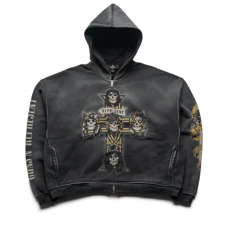 Represent Guns N' Roses x Represent Cross Full Zip Hoodie - Stained Black