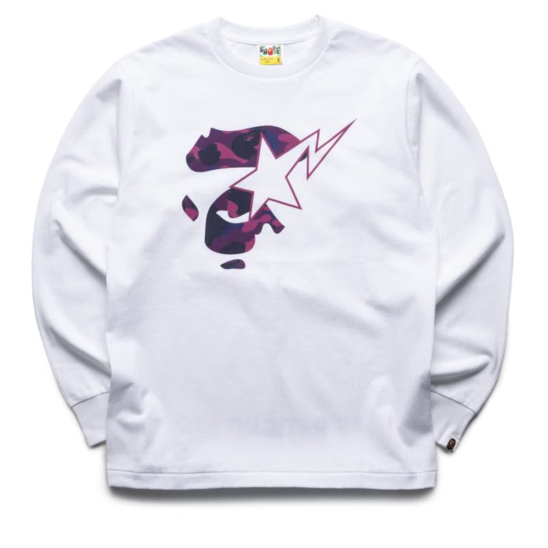 BAPE A Bathing Ape Color Camo Ape Face Sta L/S Tee - White/Purple