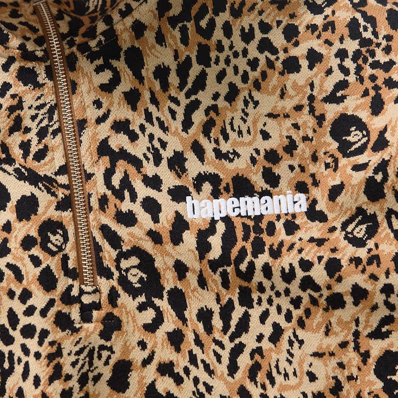 BAPE A Bathing Ape Wild Leopard Pattern Half Zip Sweatshirt - Beige