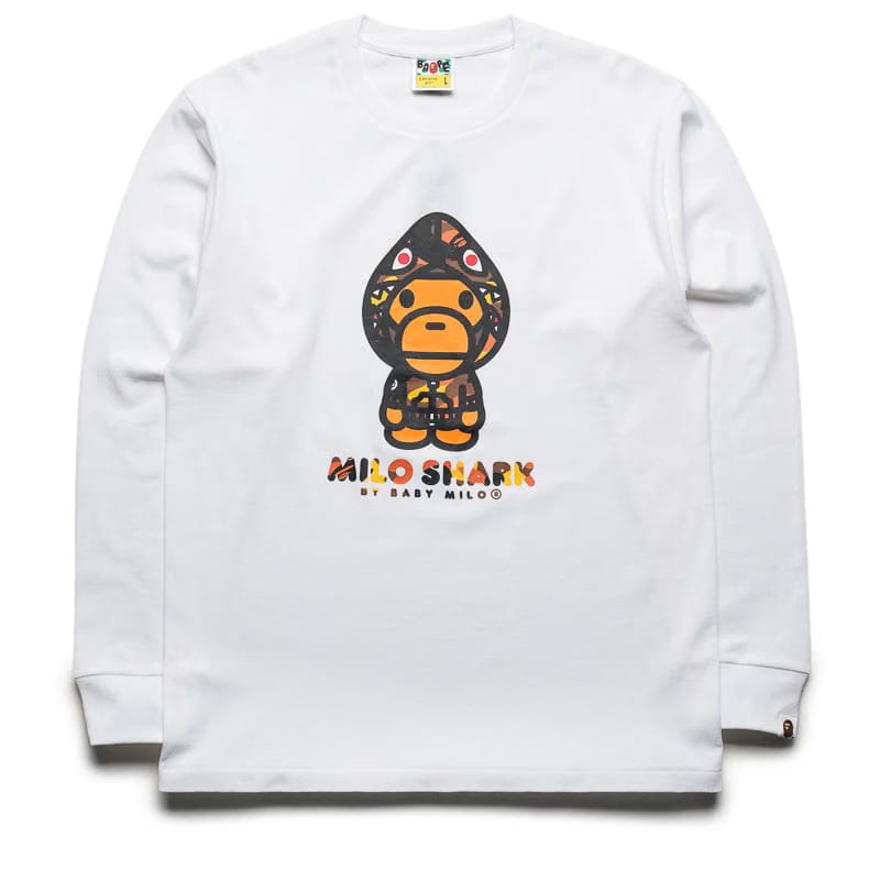BAPE A Bathing Ape 1st Camo Milo Shark FZH L/S Tee - White/Orange