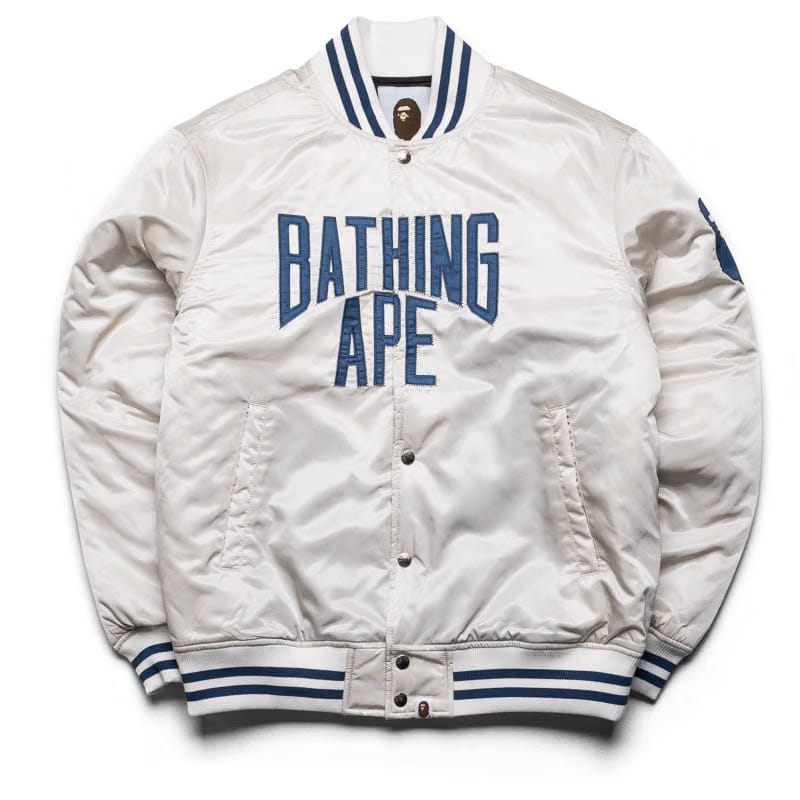 BAPE A Bathing Ape Solid Camo NYC Logo Varsity Jacket - Ivory