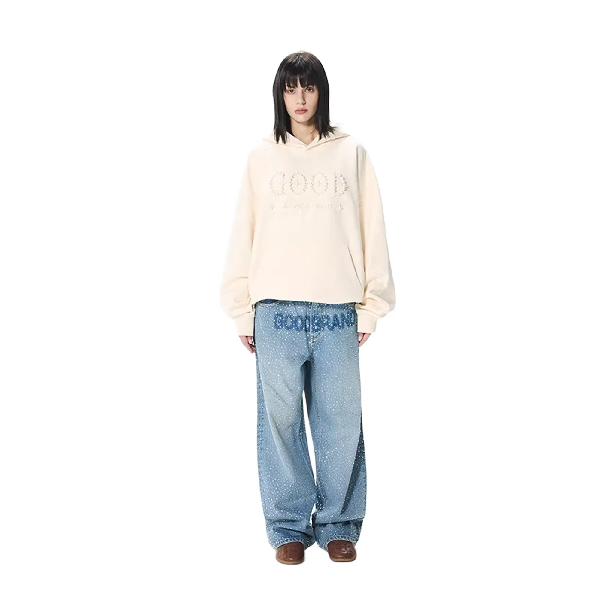 GOODBRAND Pearl Embroidered Slogan Hoodie Beige (FW25)