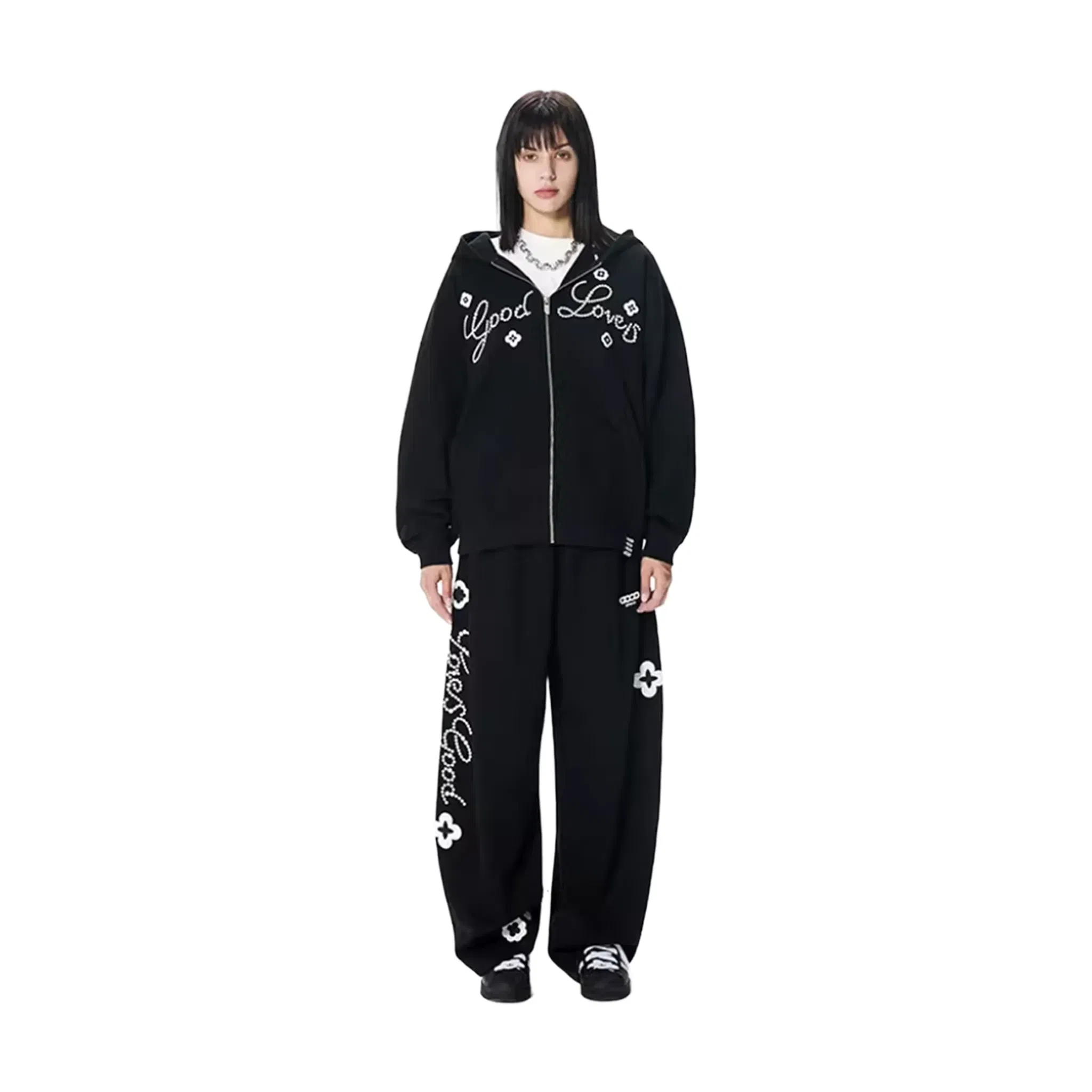GOODBRAND Good Loves Floral Slogan Zip-Up Hoodie Black (FW25)